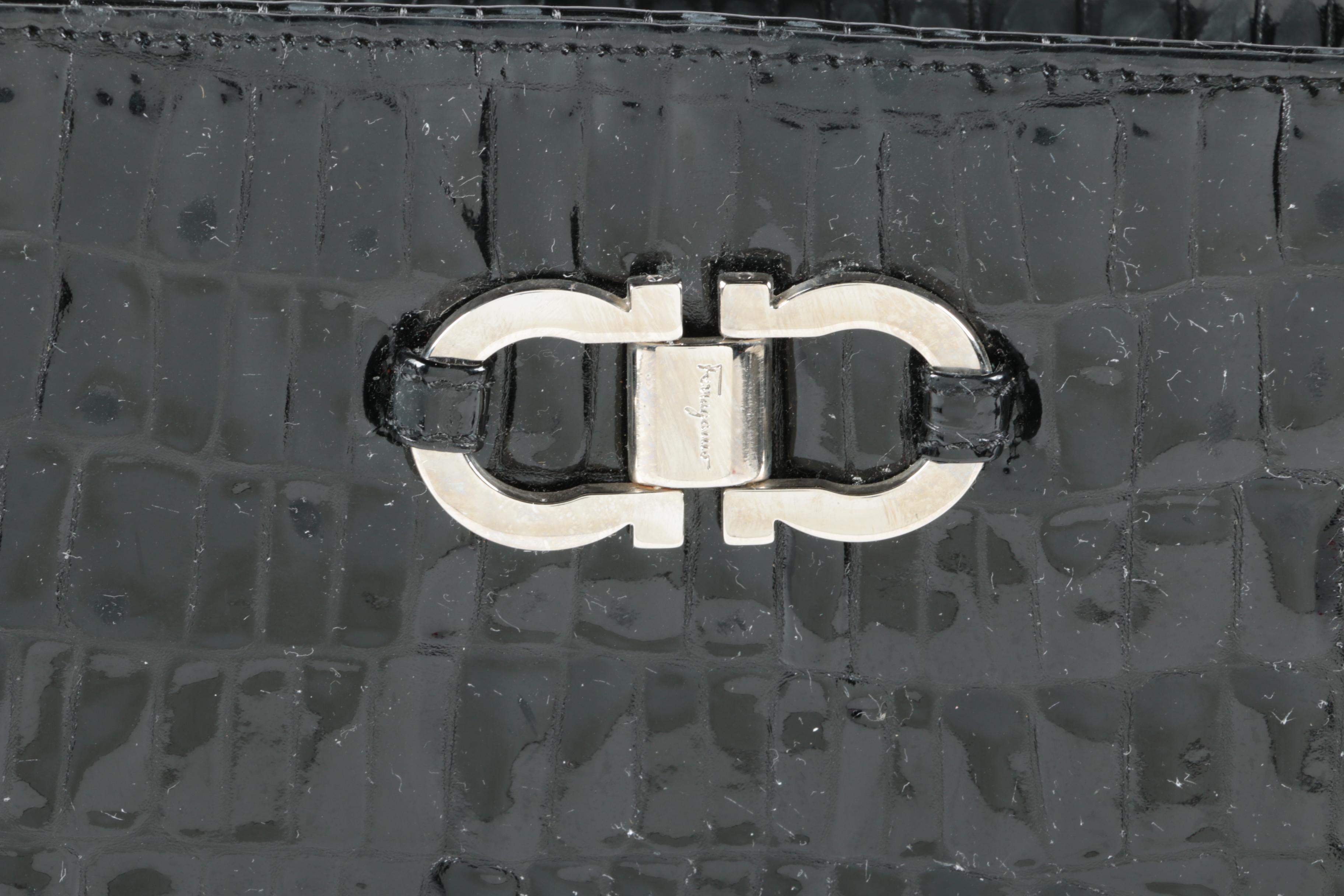 Salvatore Ferragamo Gancini Black Crocodile Embossed Patent Leather Shoulder Bag