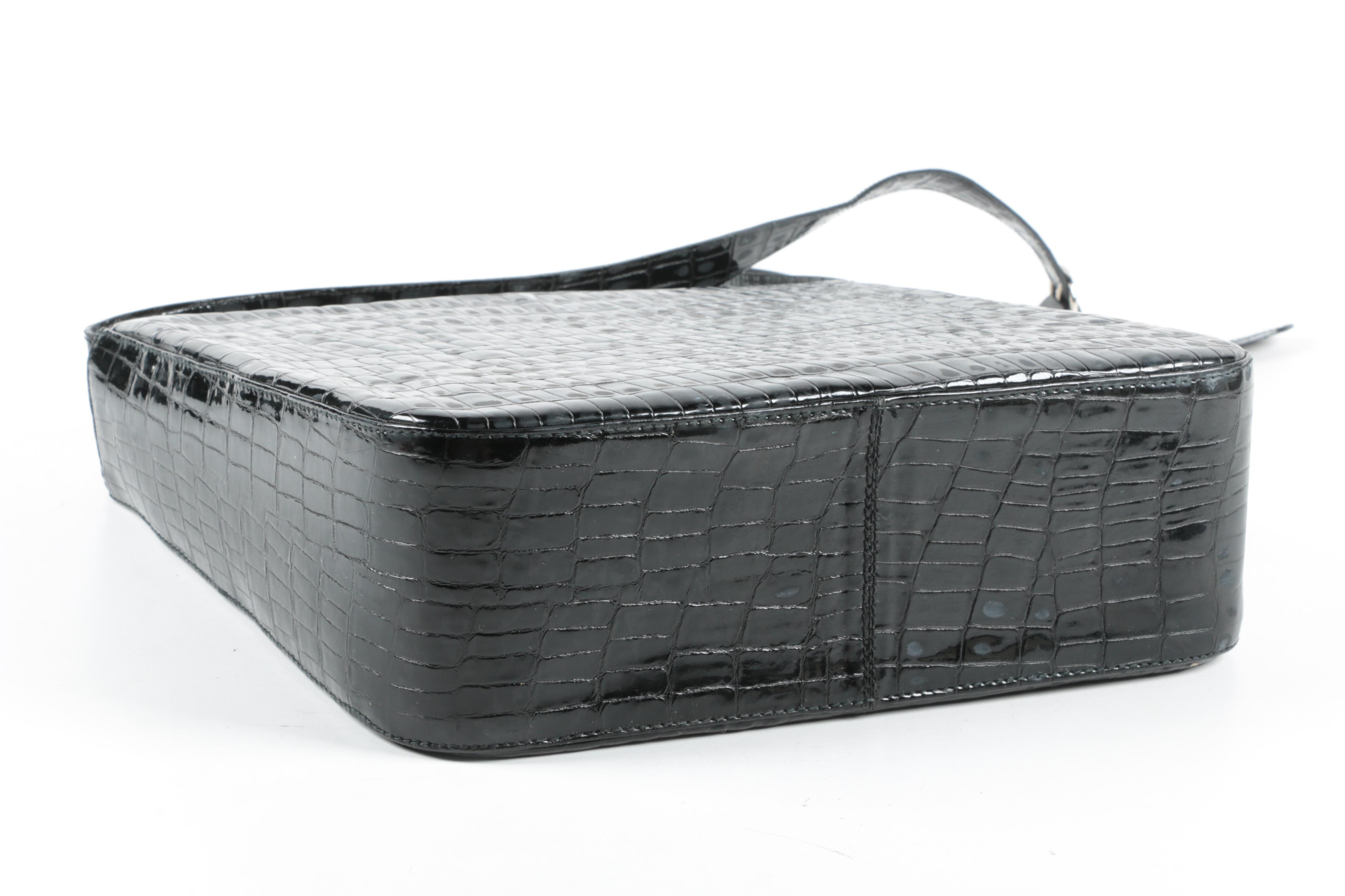 Salvatore Ferragamo Gancini Black Crocodile Embossed Patent Leather Shoulder Bag