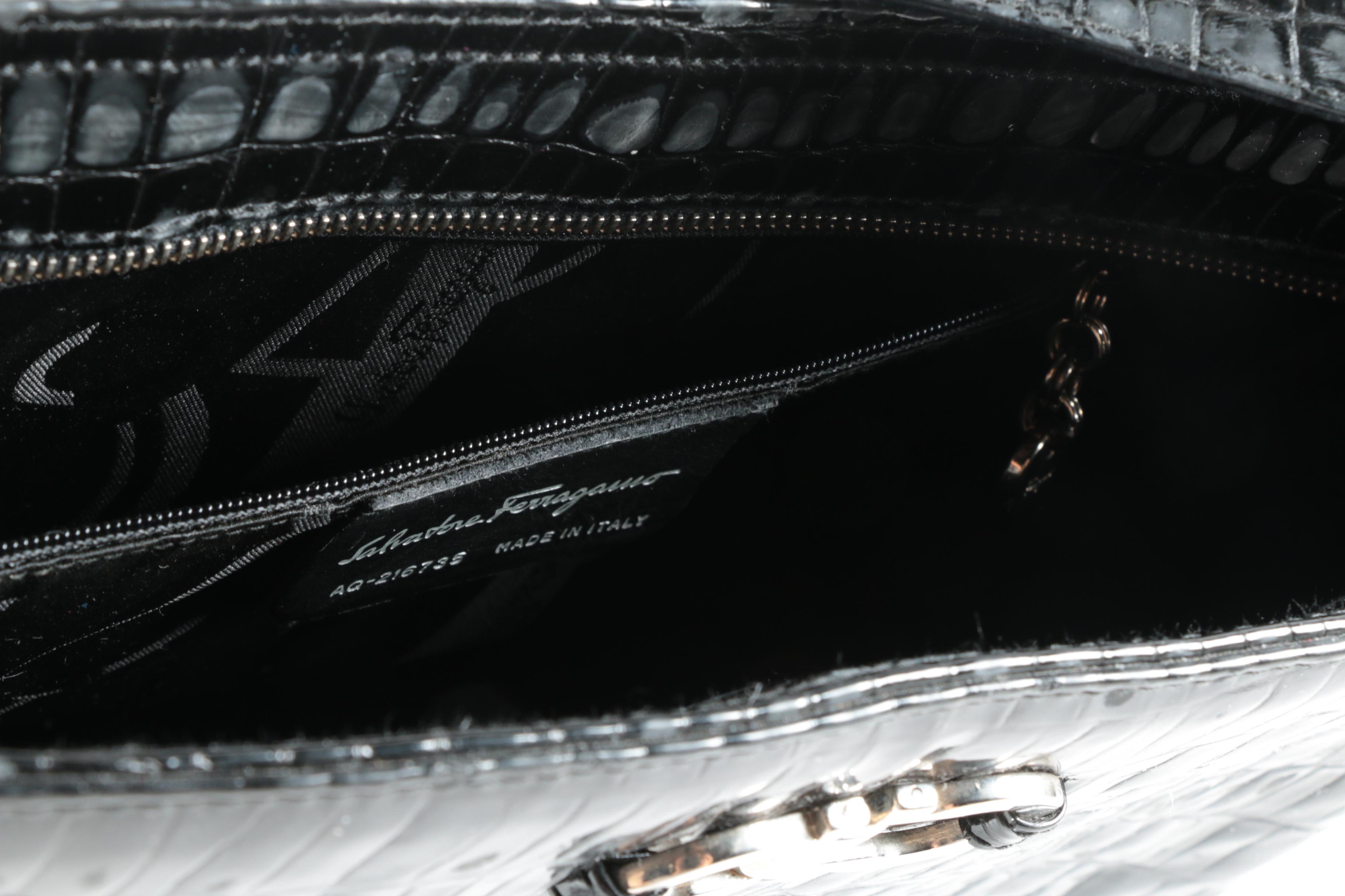 Salvatore Ferragamo Gancini Black Crocodile Embossed Patent Leather Shoulder Bag