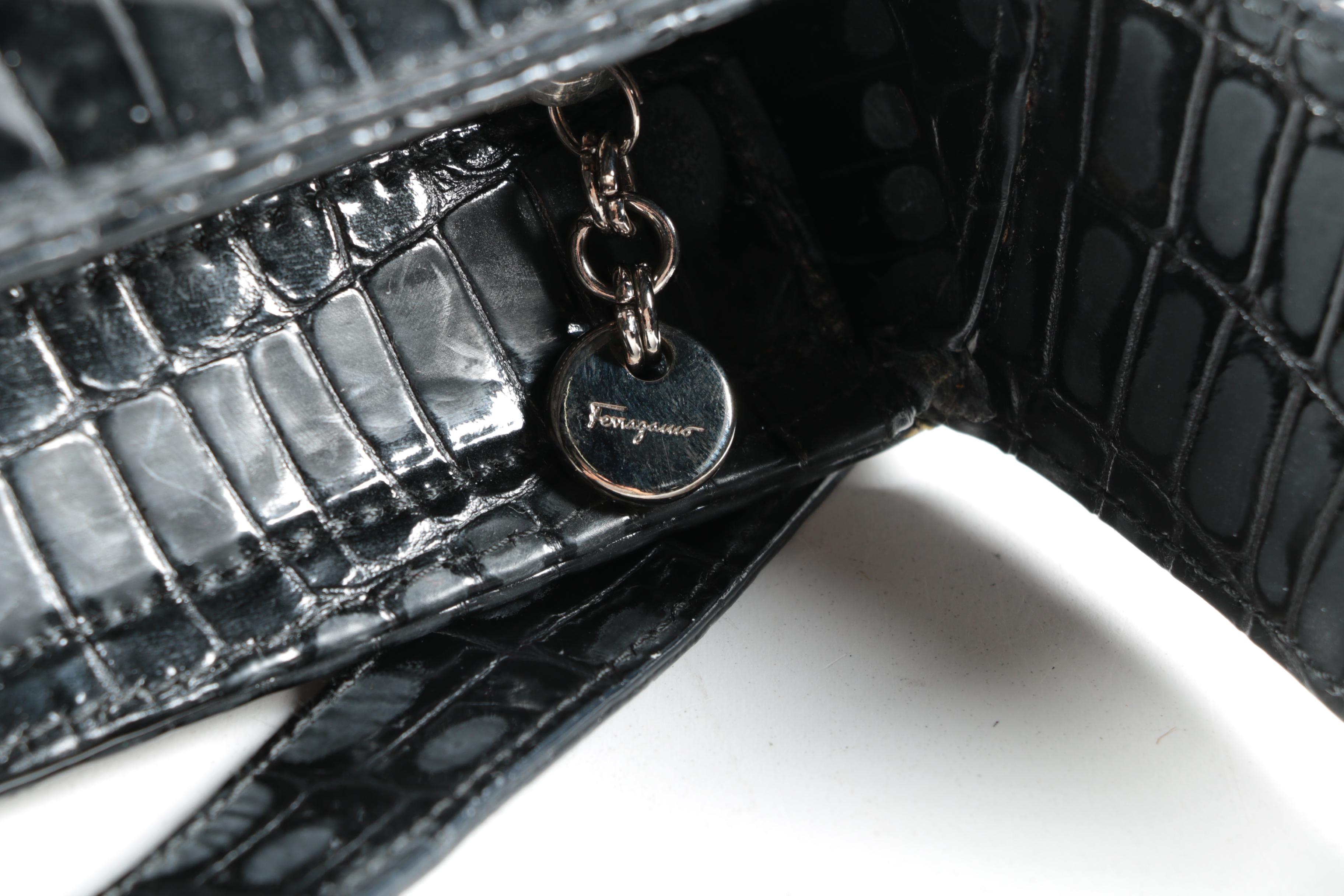 Salvatore Ferragamo Gancini Black Crocodile Embossed Patent Leather Shoulder Bag