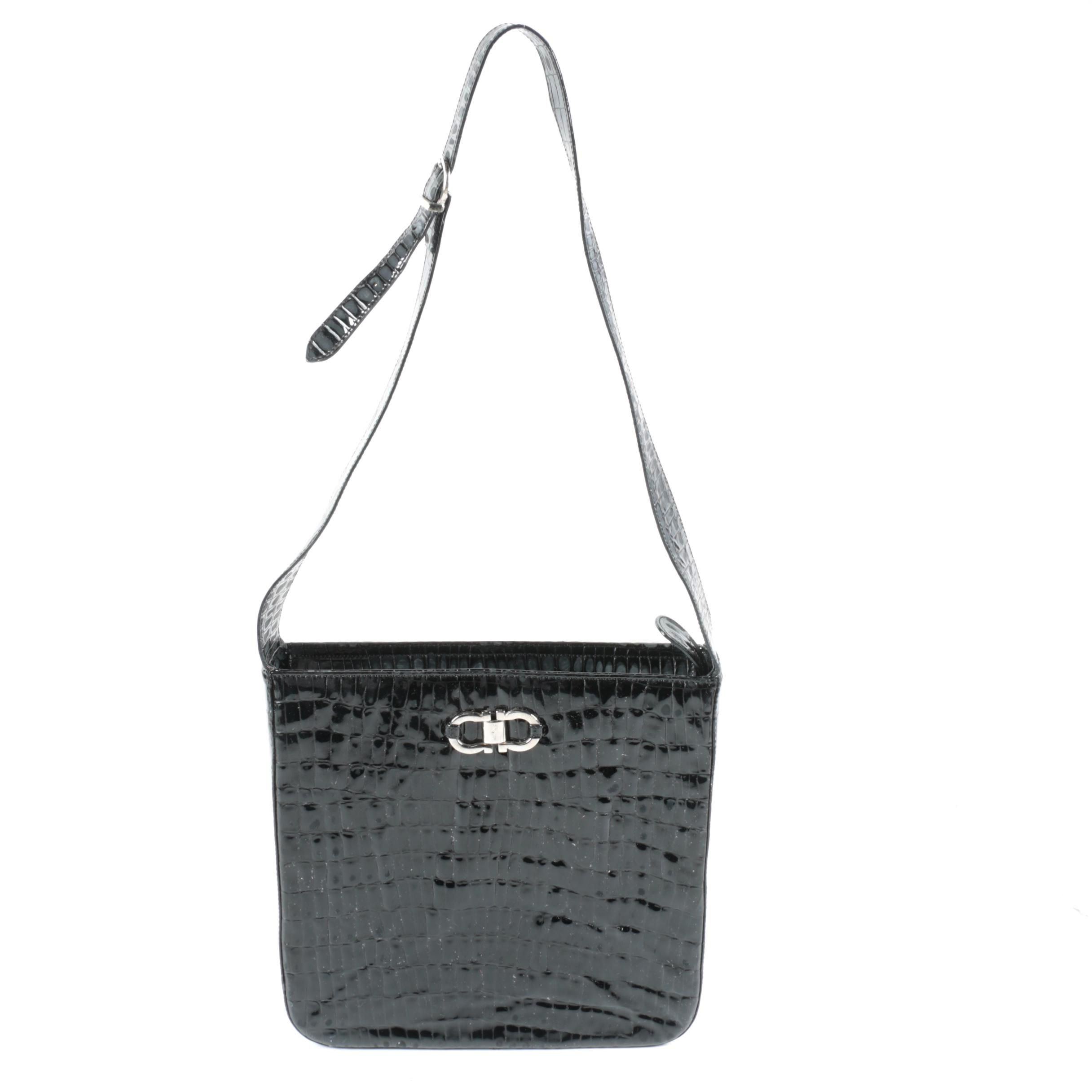 Salvatore Ferragamo Gancini Black Crocodile Embossed Patent Leather Shoulder Bag