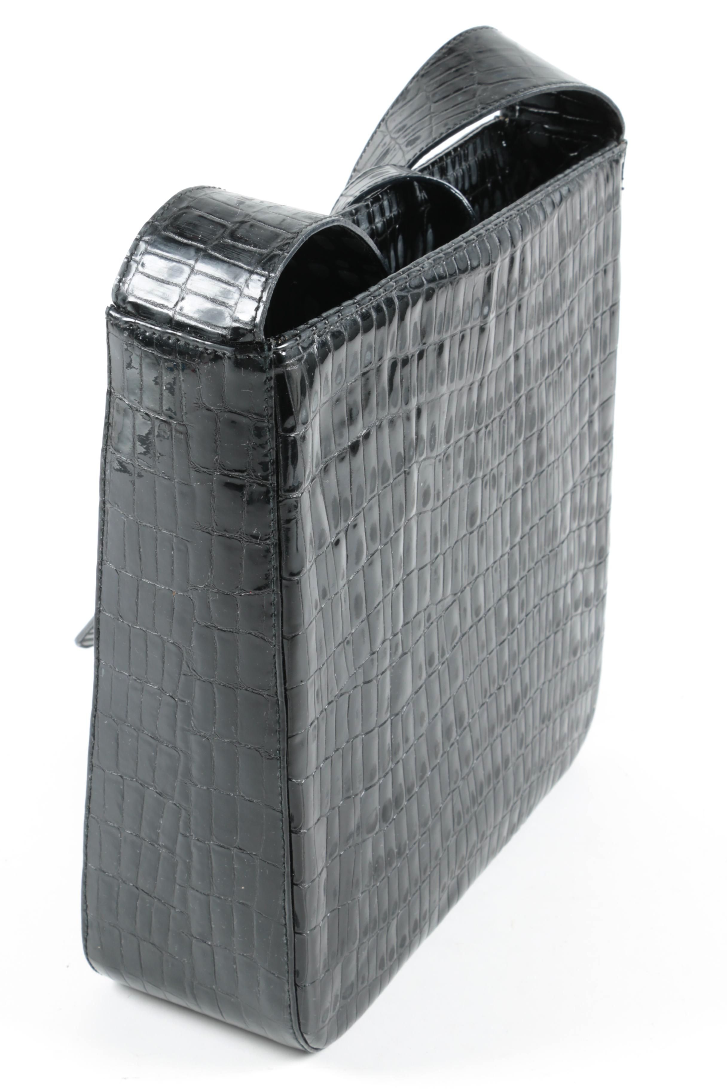 Salvatore Ferragamo Gancini Black Crocodile Embossed Patent Leather Shoulder Bag