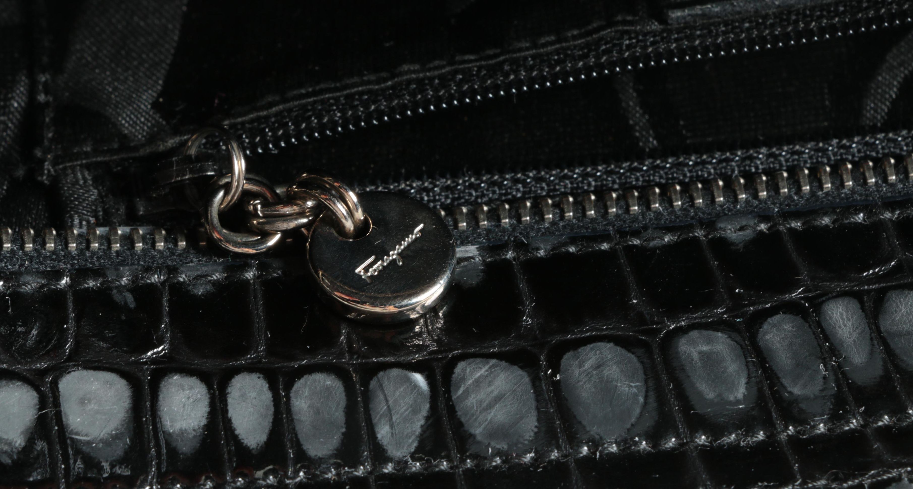 Salvatore Ferragamo Gancini Black Crocodile Embossed Patent Leather Shoulder Bag