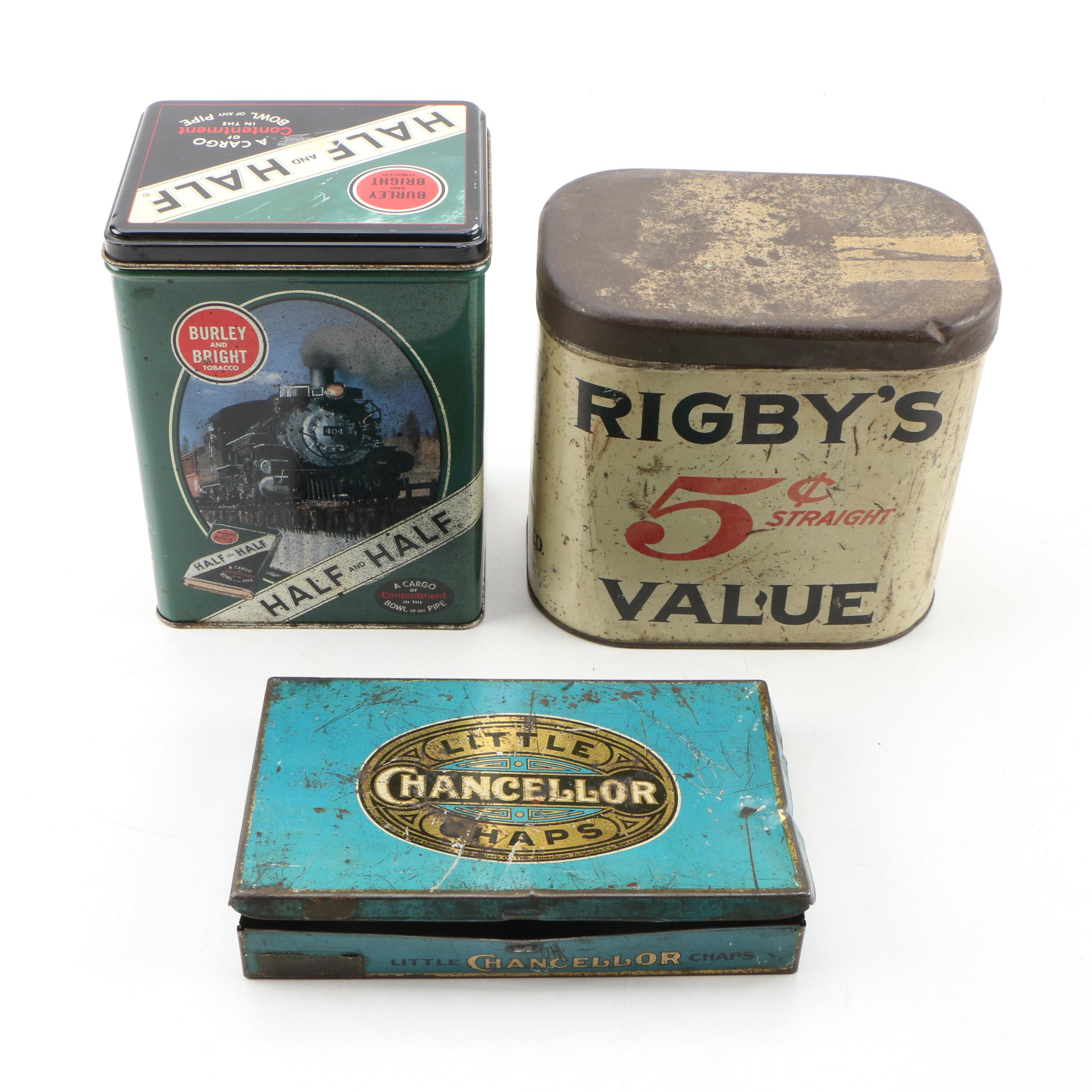 Rigby's and Chancellor Cigar Tins and a Burley and Bright Tobacco Tin, Vintage