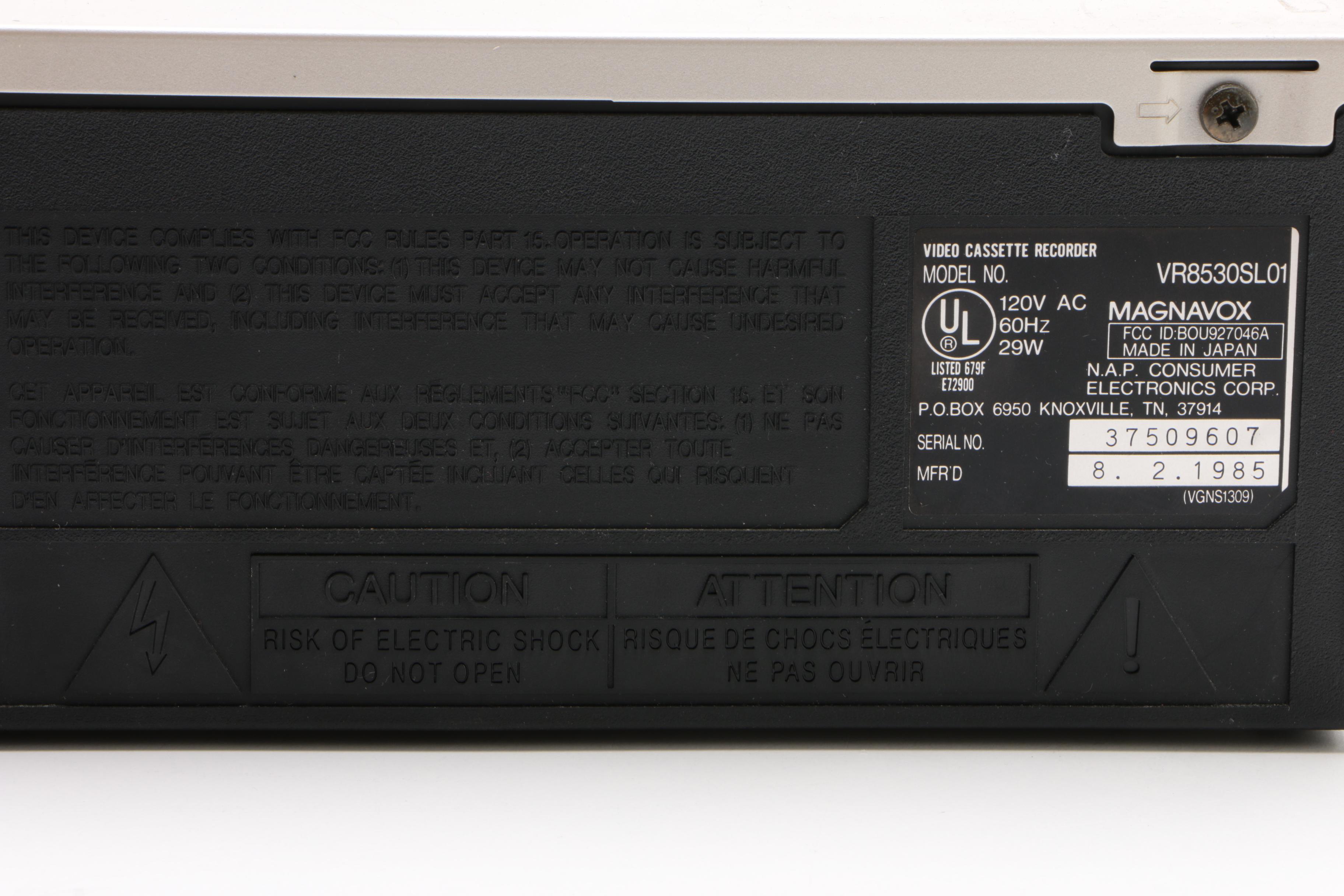 Magnavox VR8530SL01 Video Cassette Recorder, 1985