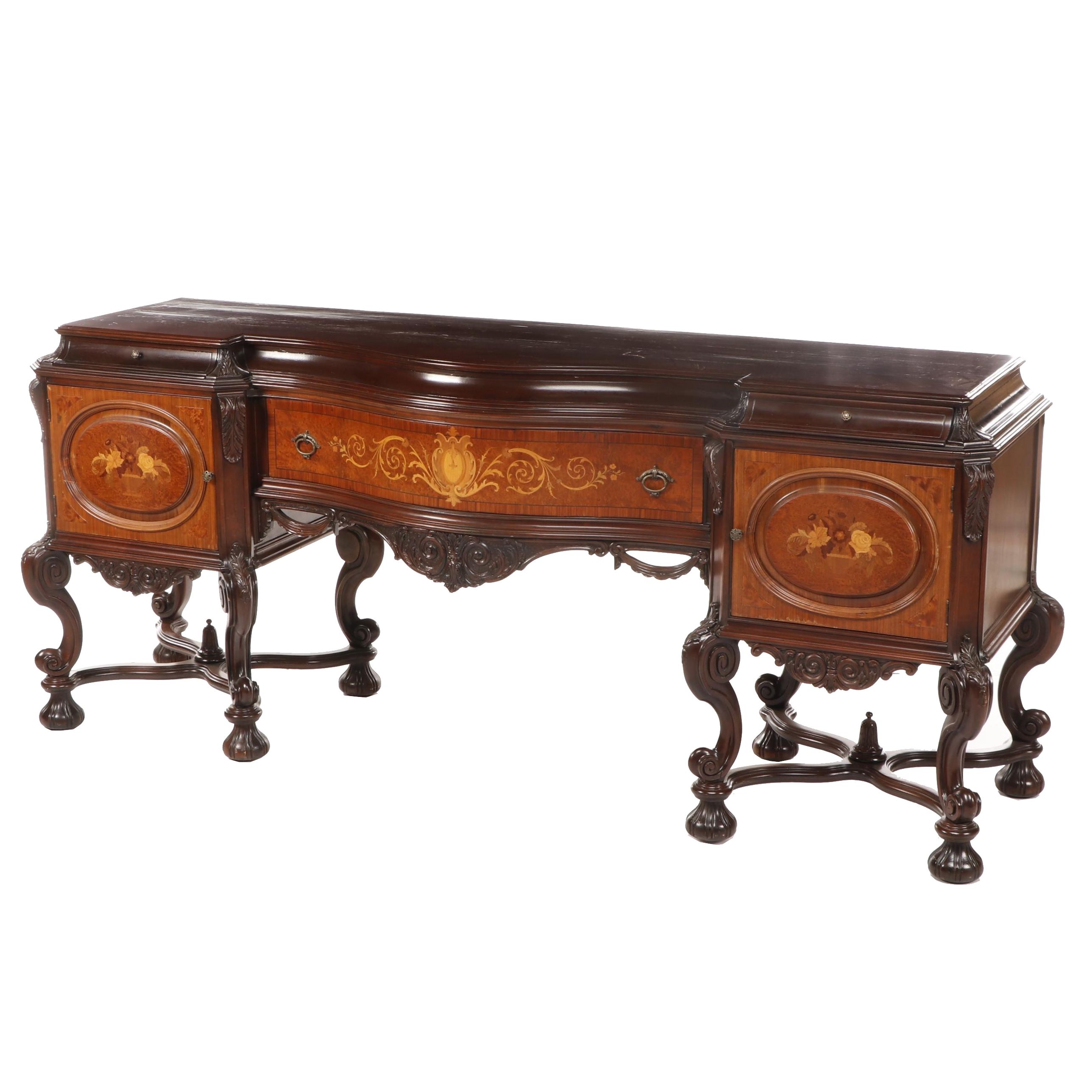 Italian Baroque Style Marquetry Inlaid Flemish Scroll Foot Sideboard