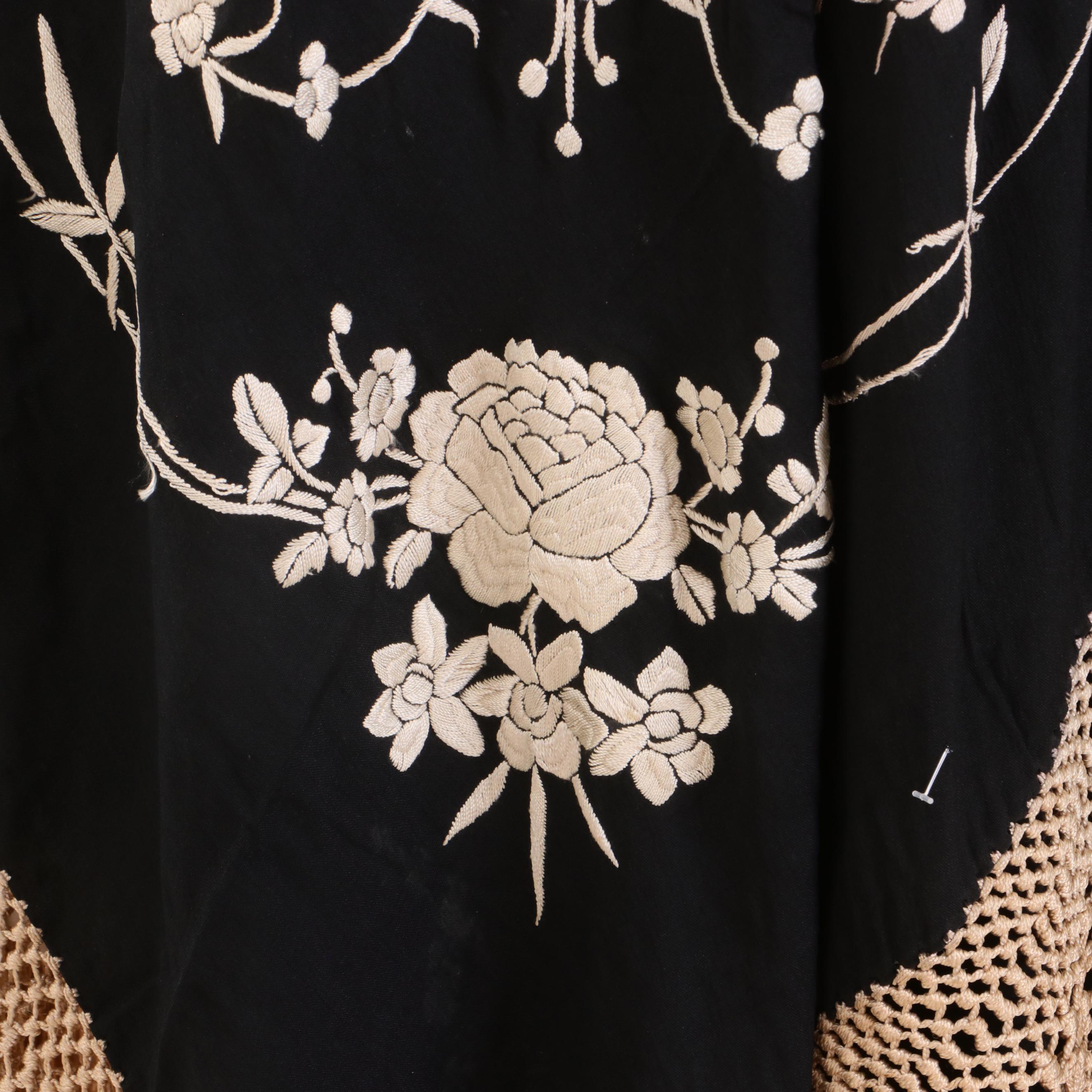 Floral Embroidered Black Silk Piano Shawl