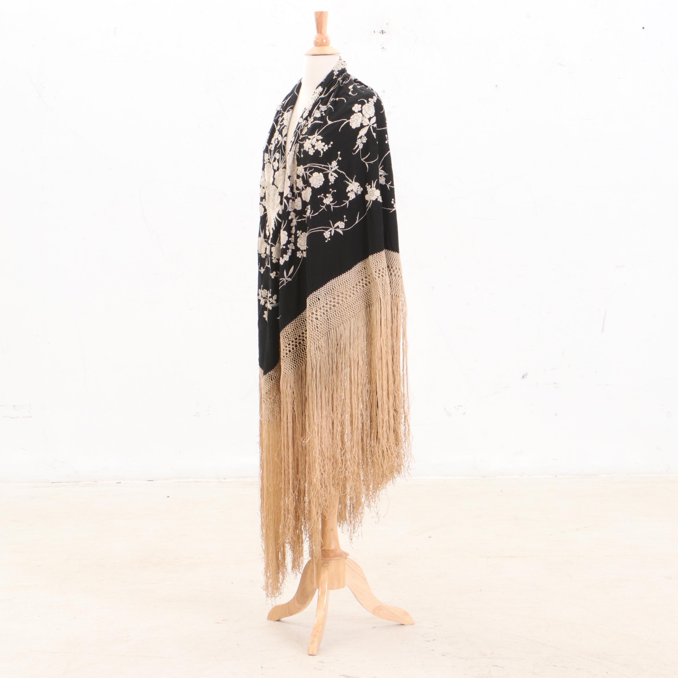 Floral Embroidered Black Silk Piano Shawl
