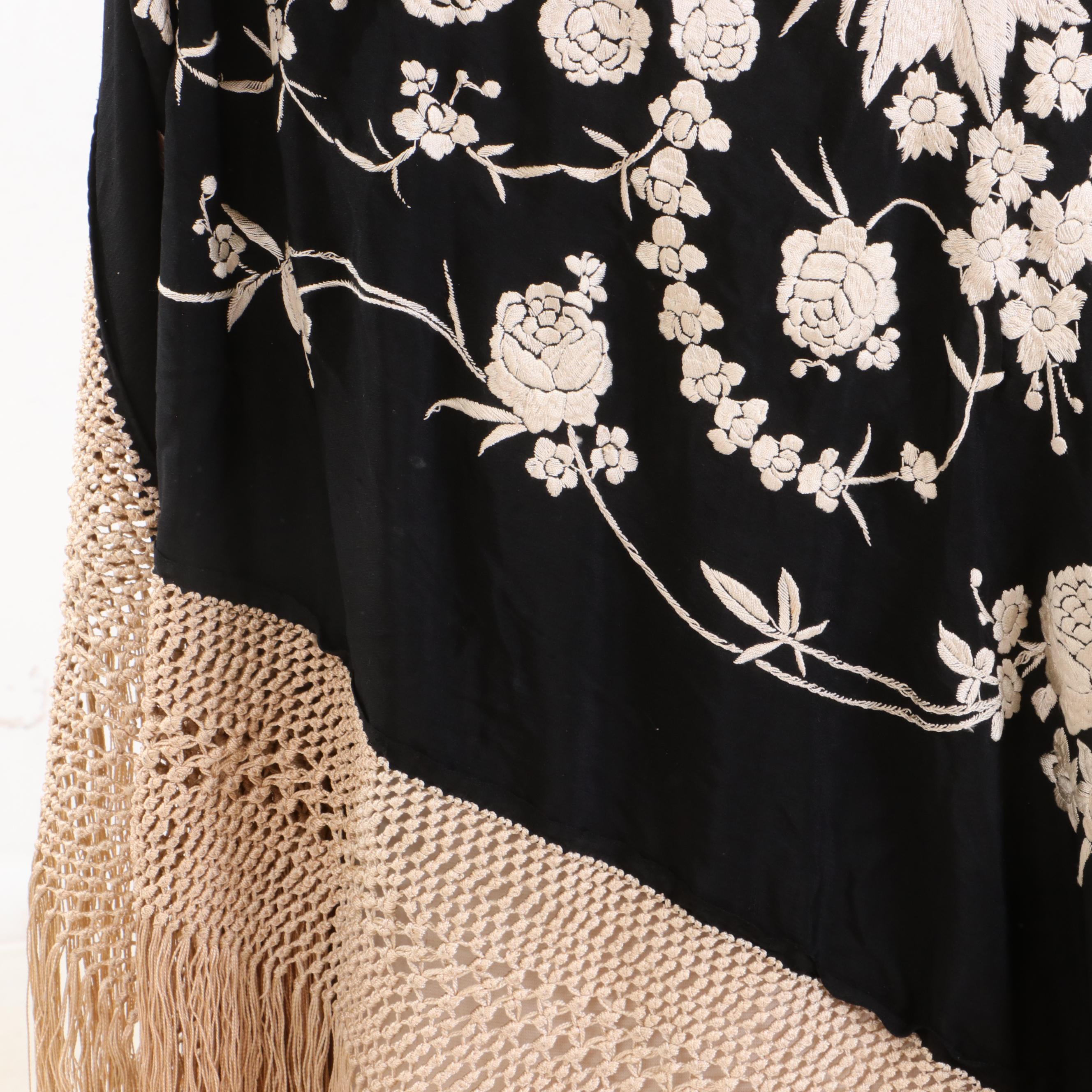 Floral Embroidered Black Silk Piano Shawl