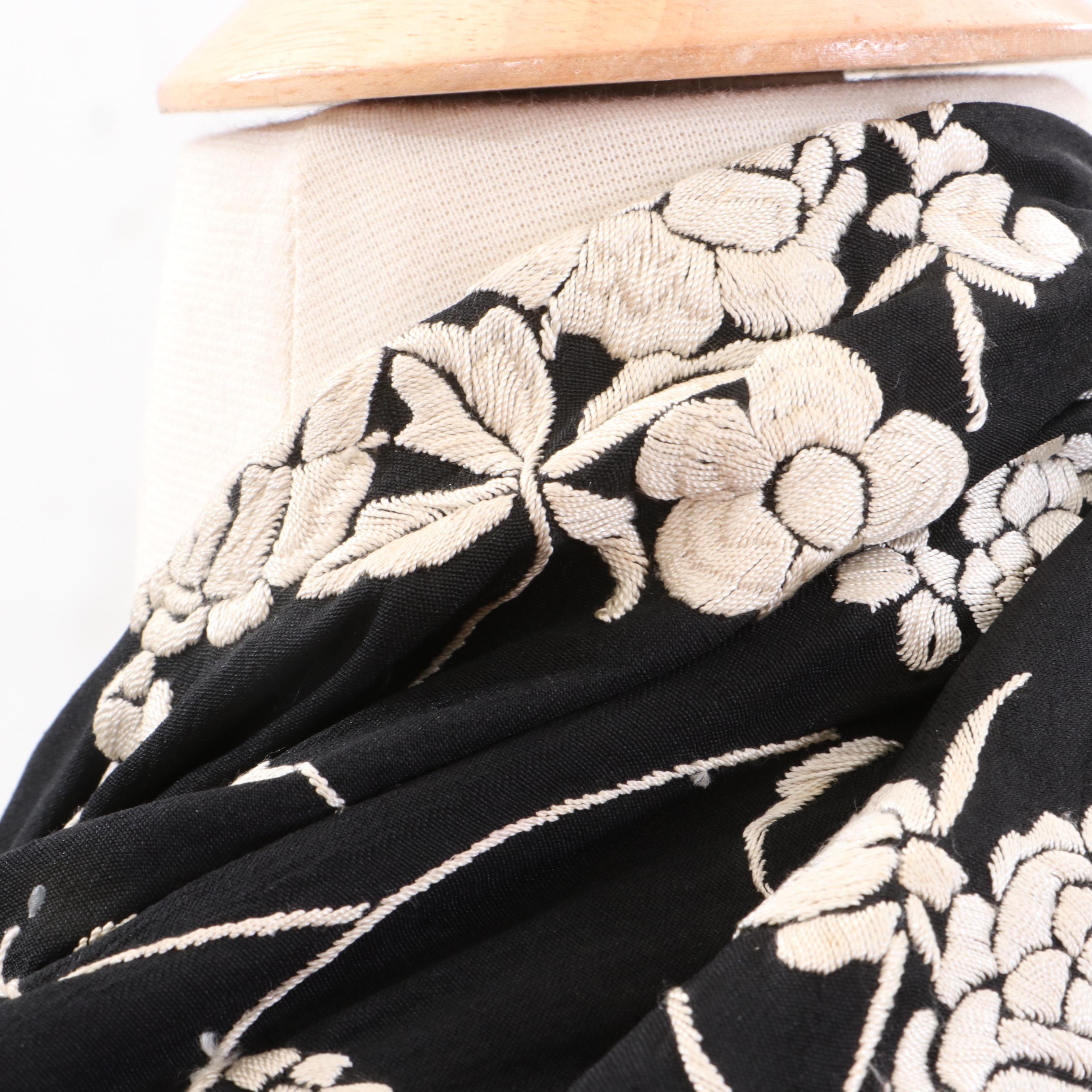 Floral Embroidered Black Silk Piano Shawl