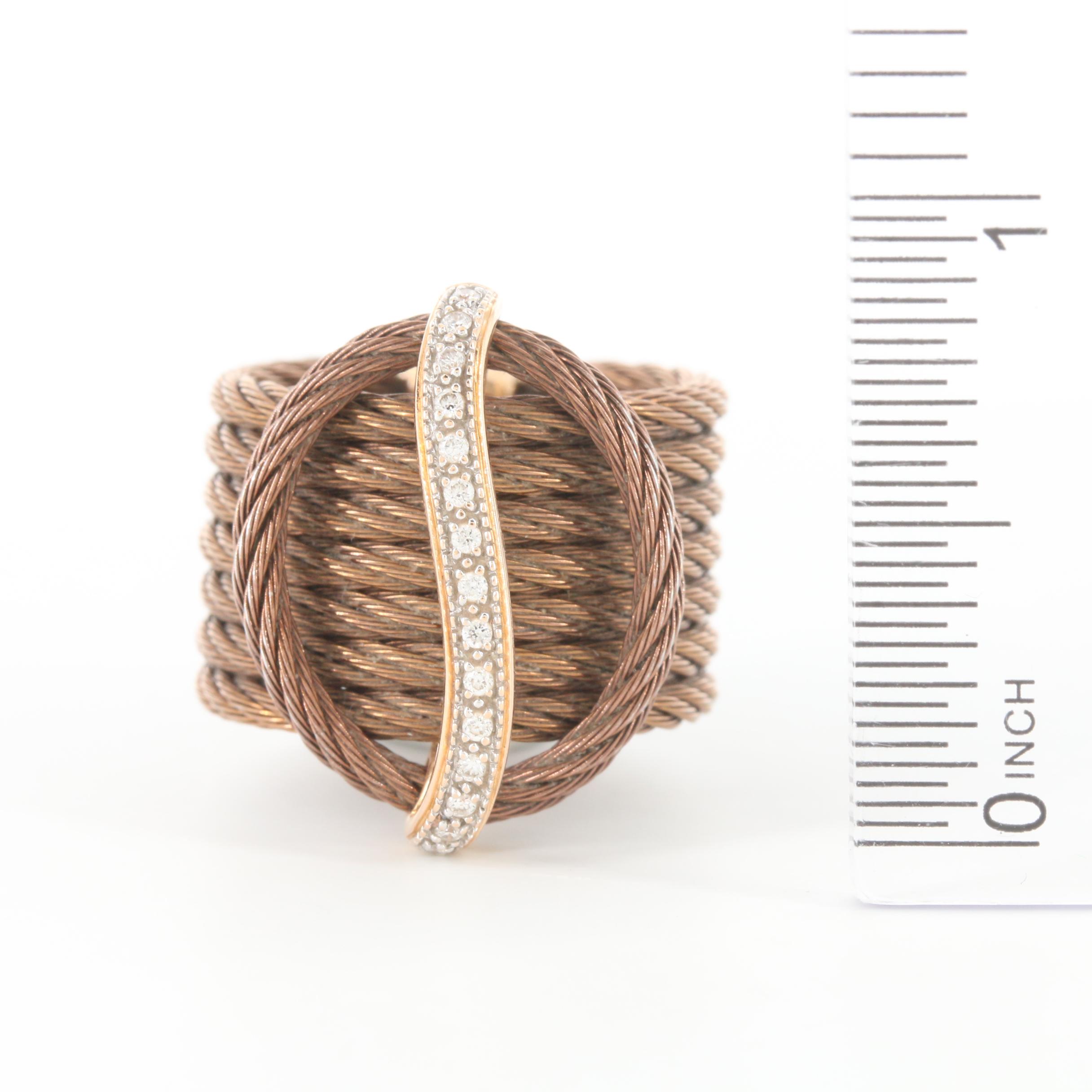 Philippe Charriol 18K Yellow Gold and Stainless Steel Diamond Cable Ring