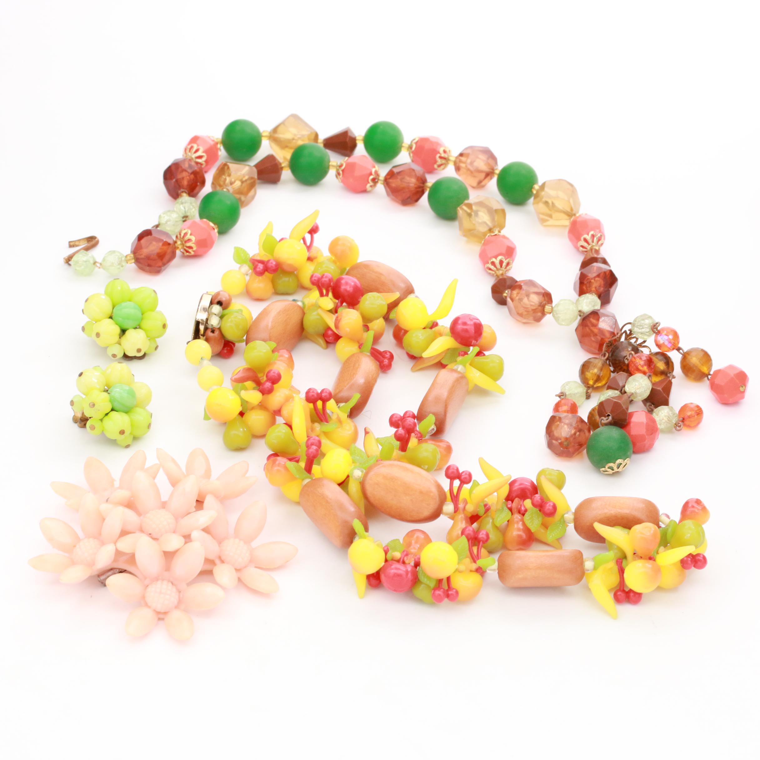 Circa 1960 West German Plastic Necklaces, Brooch and Earrings