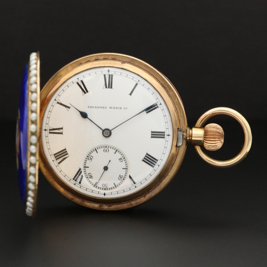 Tavannes Gold Filled Enamelled Hunters Case Pocket Watch With Imitation Pearls