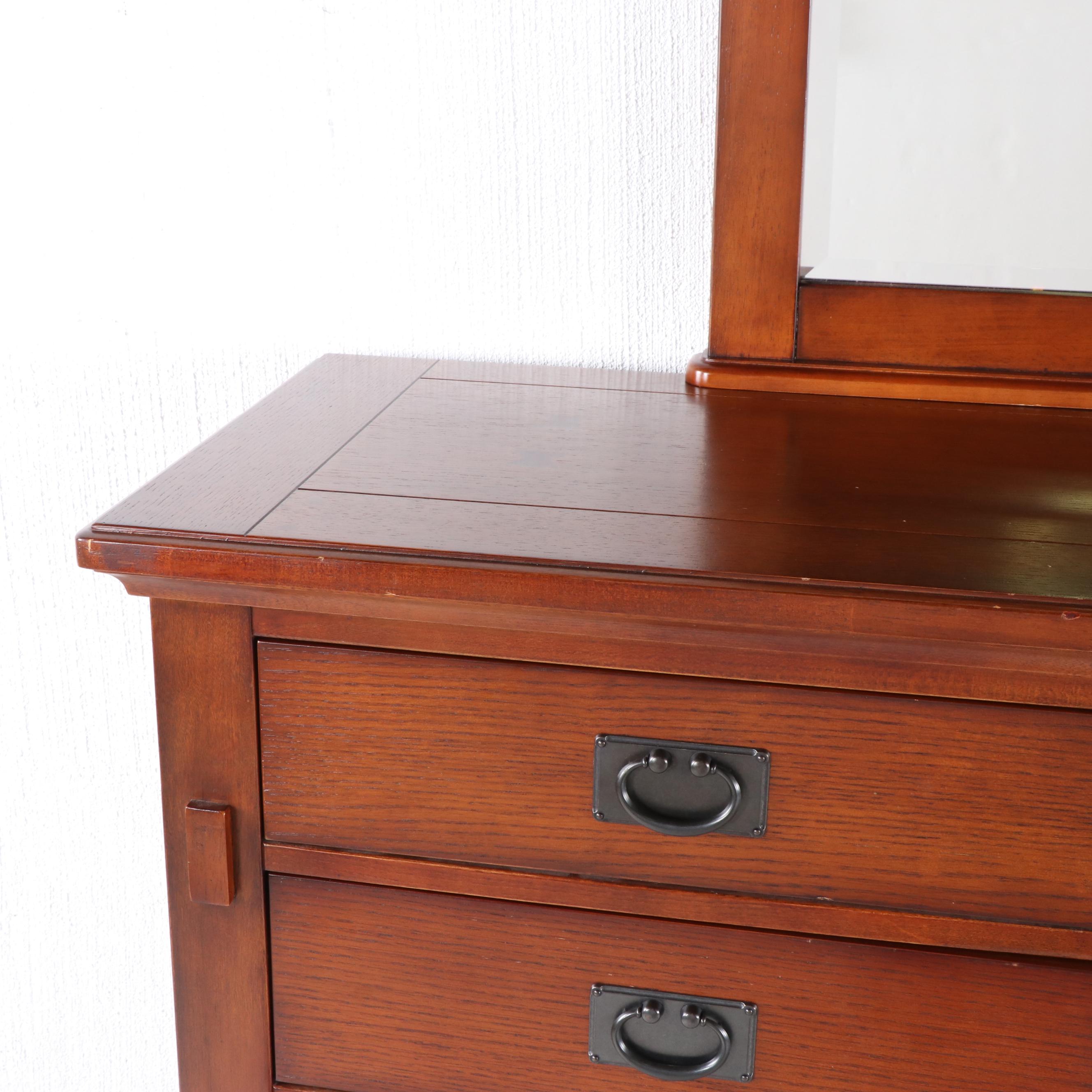 Mission Style Oak Finish Dresser with Mirror, Contemporary