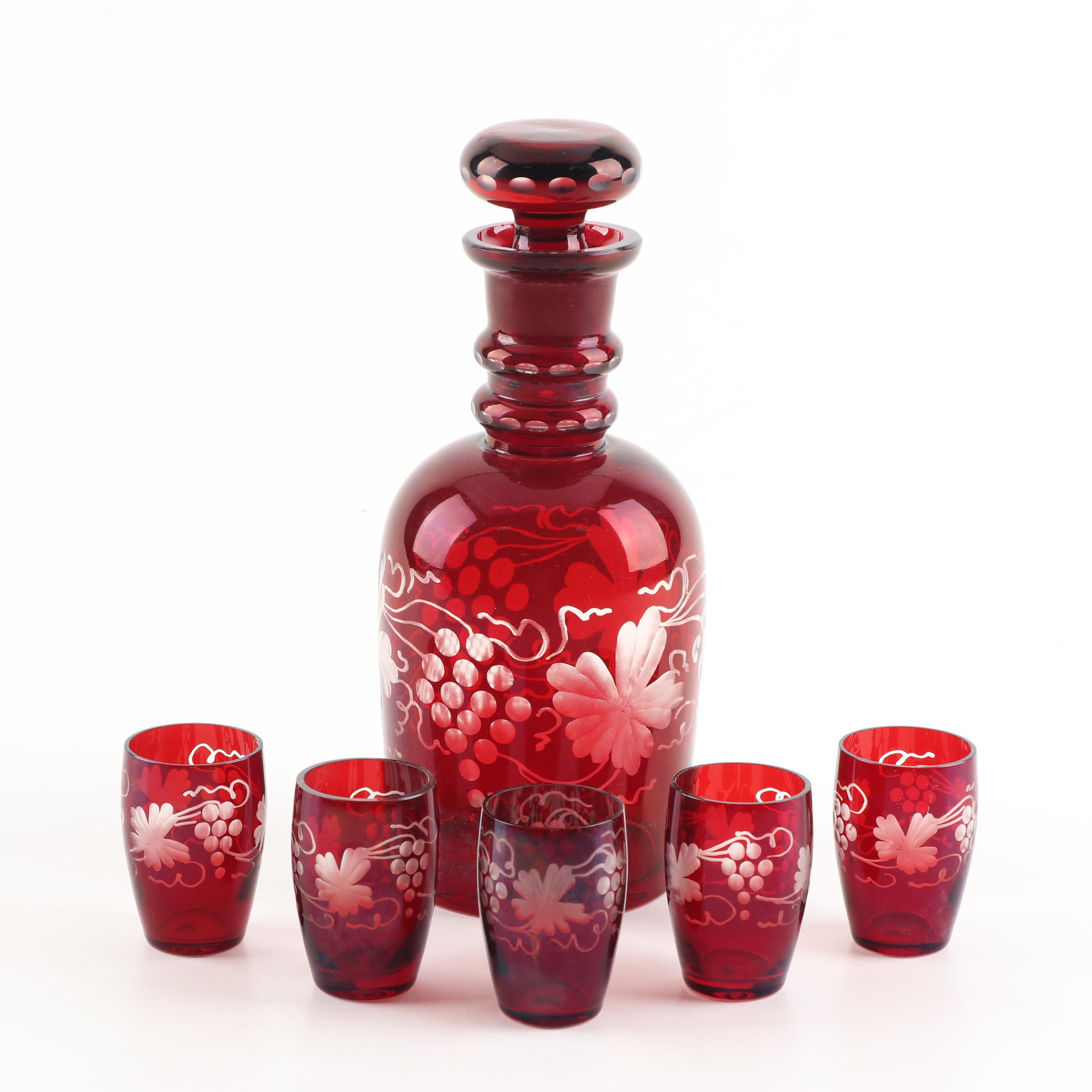 Czechoslovakian Ruby Cut to Clear Crystal Grape Motif Decanter Set