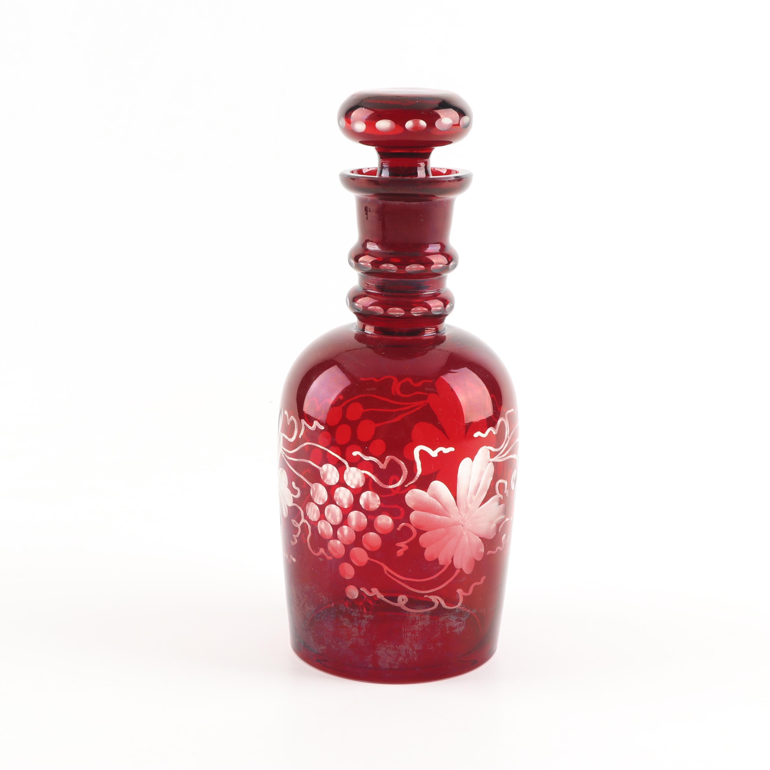 Czechoslovakian Ruby Cut to Clear Crystal Grape Motif Decanter Set