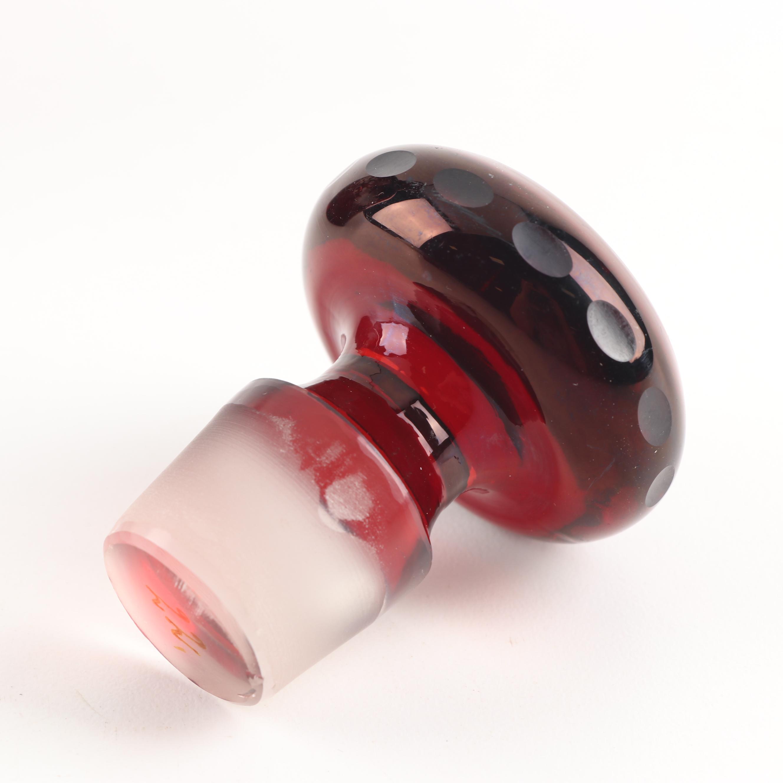 Czechoslovakian Ruby Cut to Clear Crystal Grape Motif Decanter Set