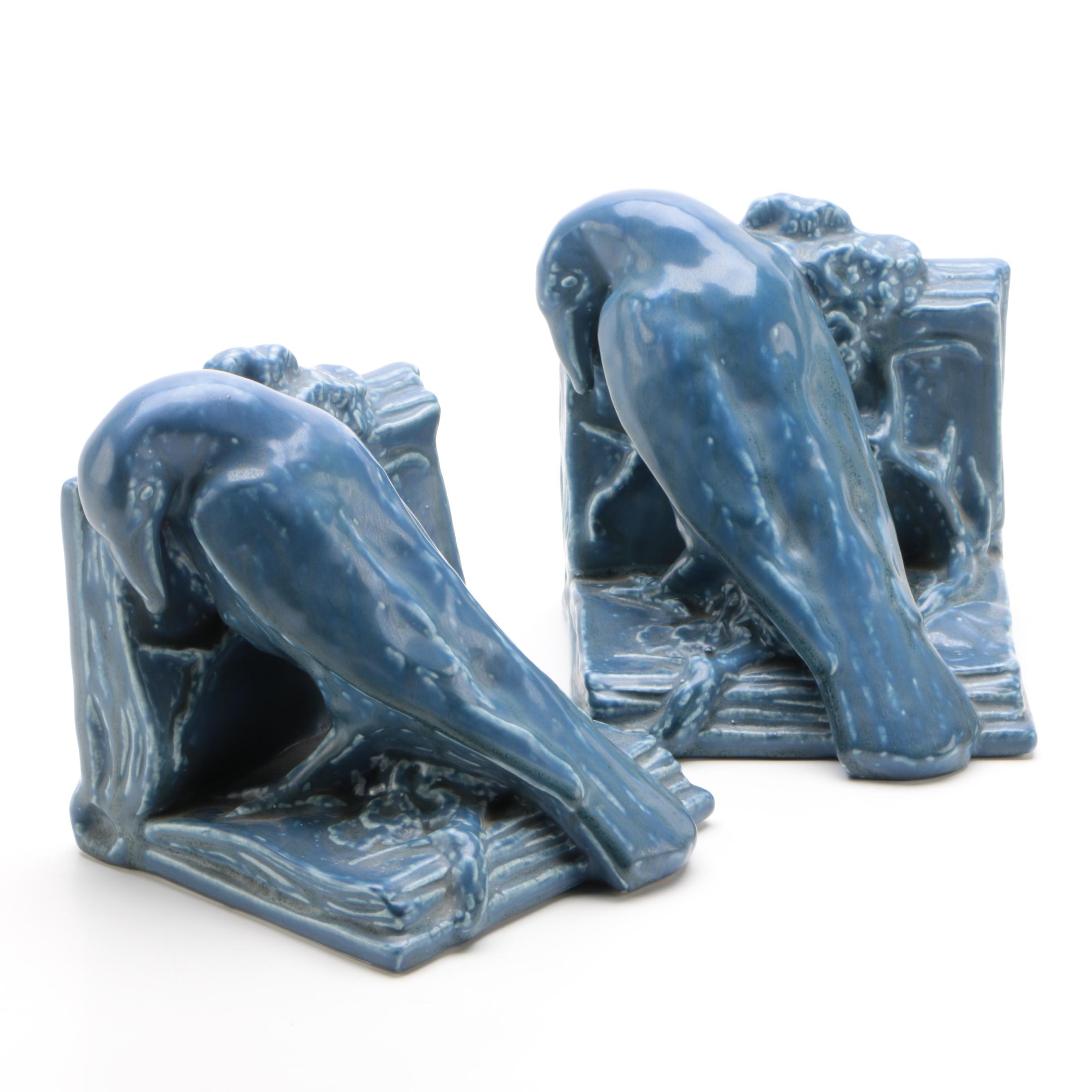 Rookwood Pottery Blue "Rook" Bookends, 1929