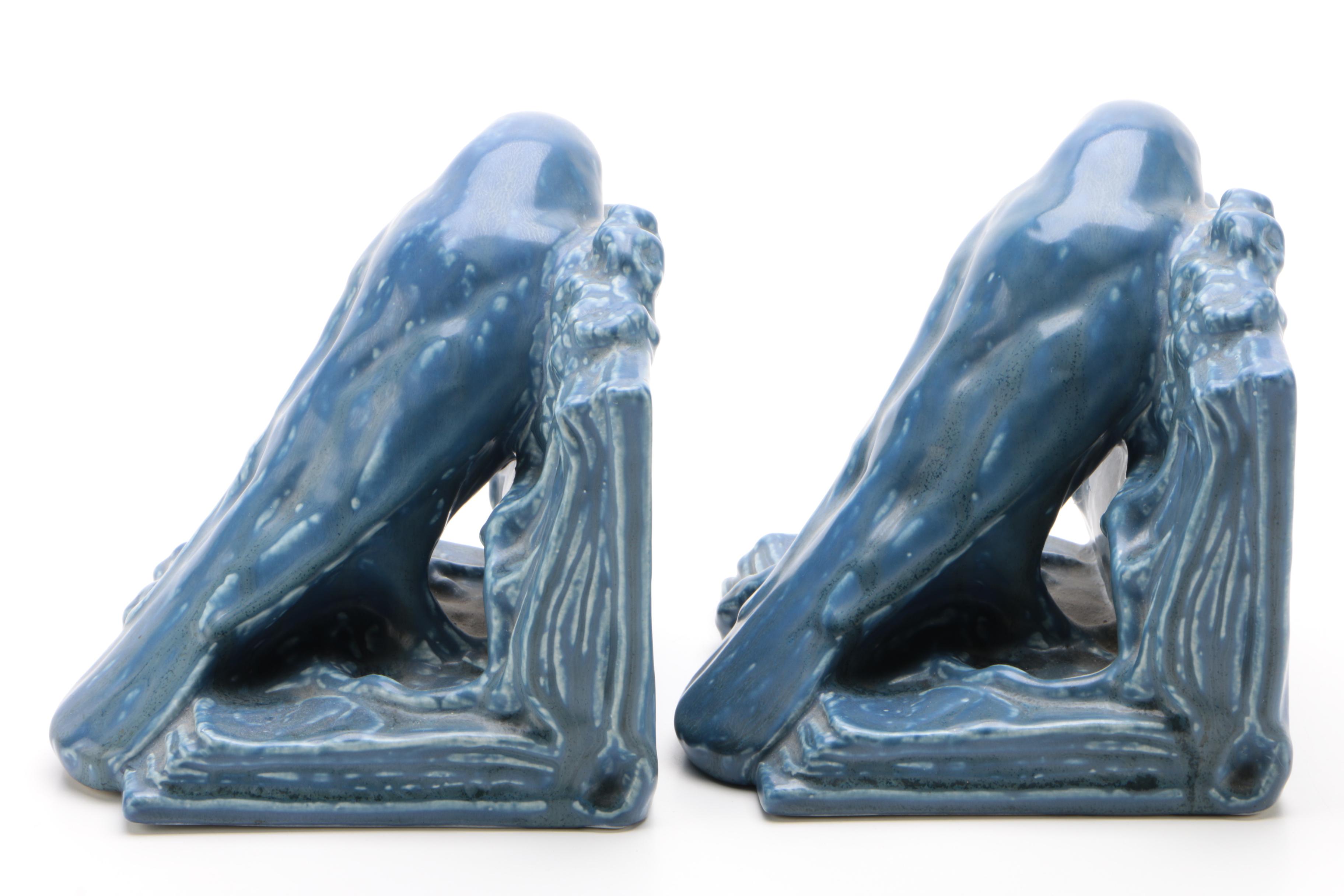 Rookwood Pottery Blue "Rook" Bookends, 1929