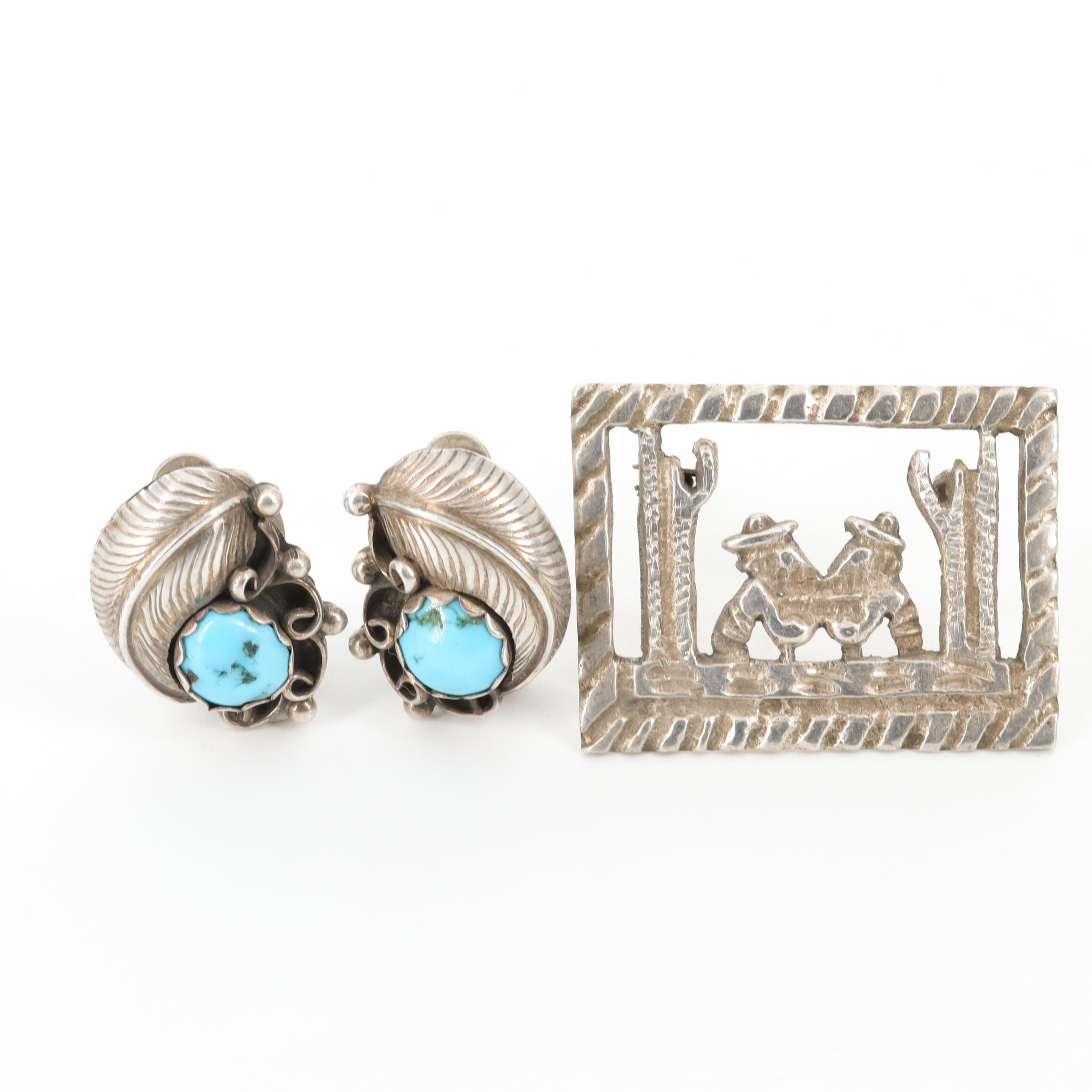 Vintage Ellen Myrtle Navajo Diné Sterling Turquoise Earrings and Silver Brooch