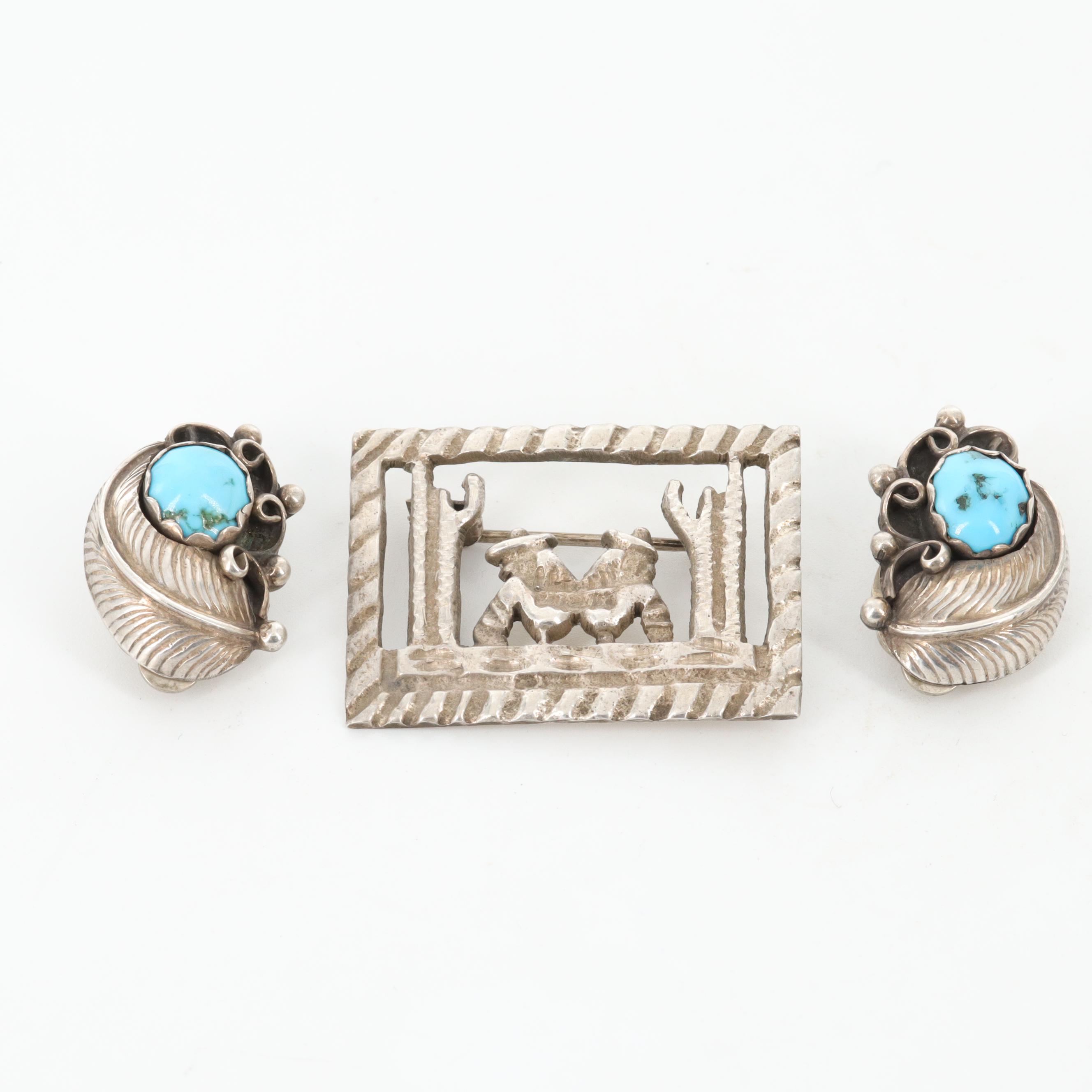 Vintage Ellen Myrtle Navajo Diné Sterling Turquoise Earrings and Silver Brooch