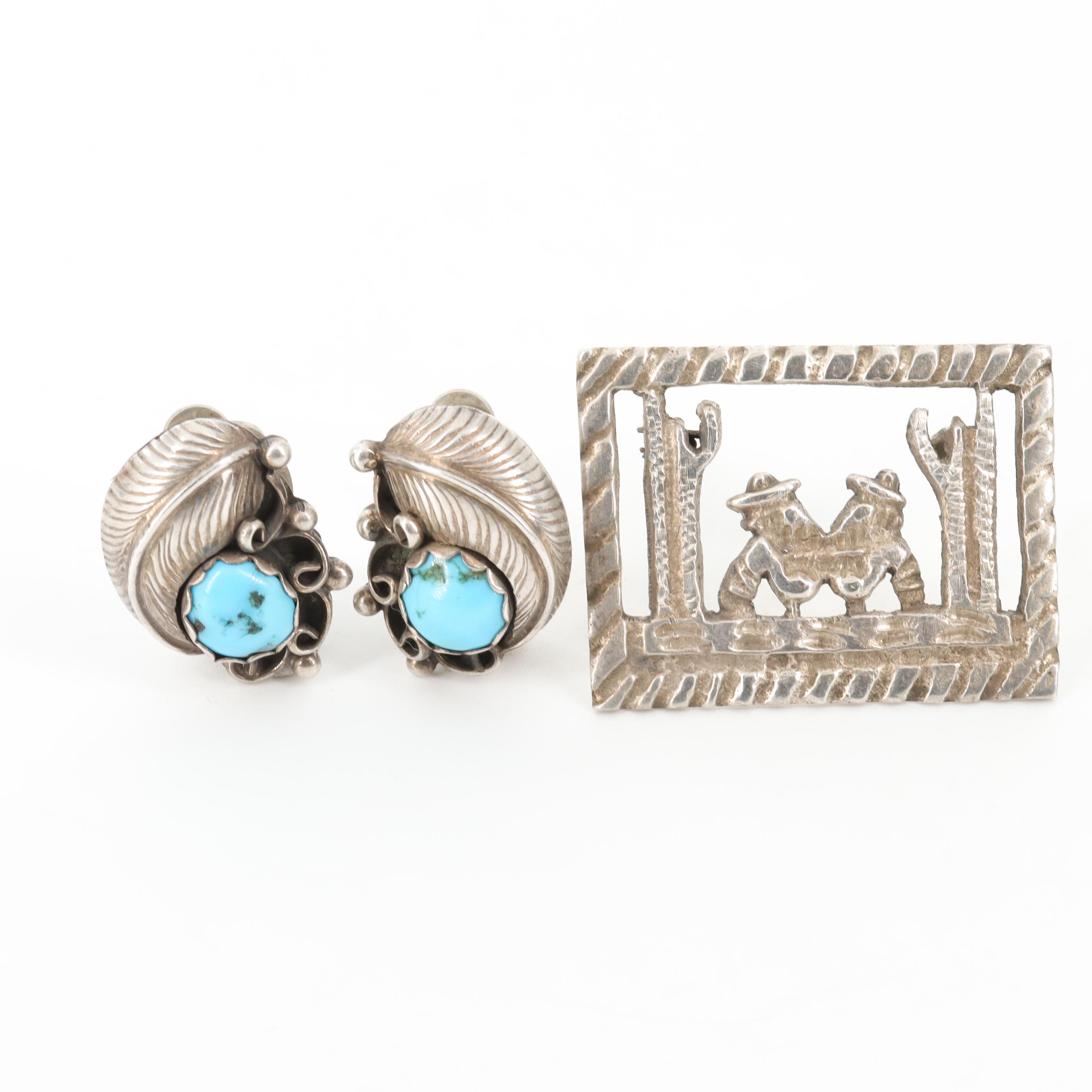 Vintage Ellen Myrtle Navajo Diné Sterling Turquoise Earrings and Silver Brooch