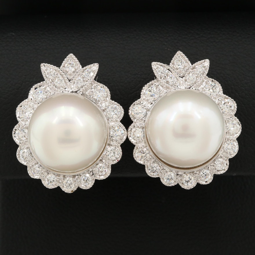14K White Gold Cultured Pearl and 1.95 CTW Diamond Earrings
