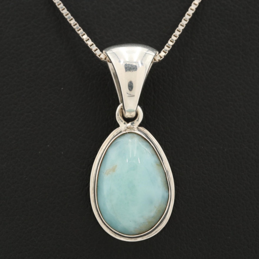 Sterling Silver Larimar Pendant with Adjustable Chain