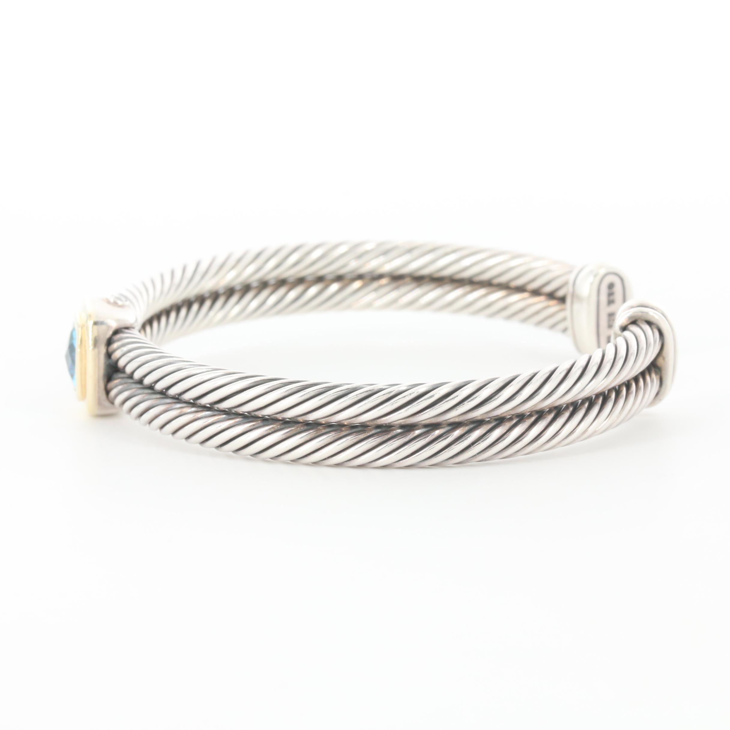 David Yurman Cable Collection Sterling Topaz Bracelet and 14K Gold Accents