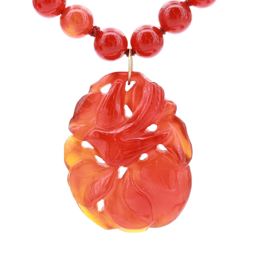 14K Yellow Gold Chinese Carved Carnelian Endless Beaded Necklace