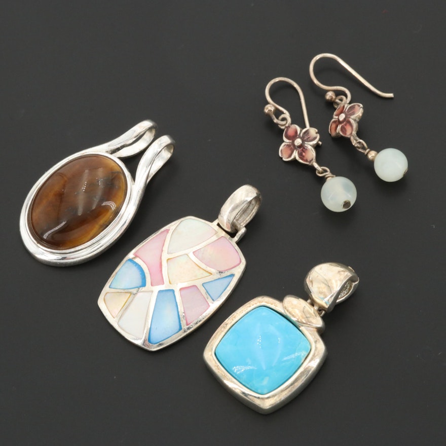 Sterling Silver Tiger's Eye and Turquoise Pendants and Mother of Pearl Earrings
