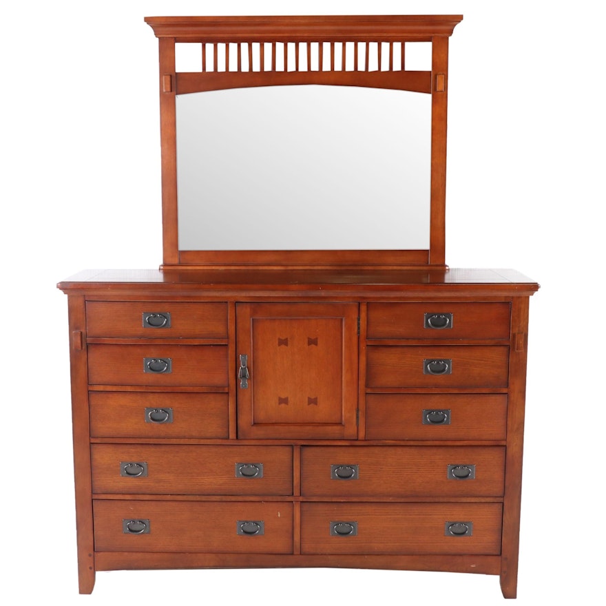 Mission Style Oak Finish Dresser with Mirror, Contemporary