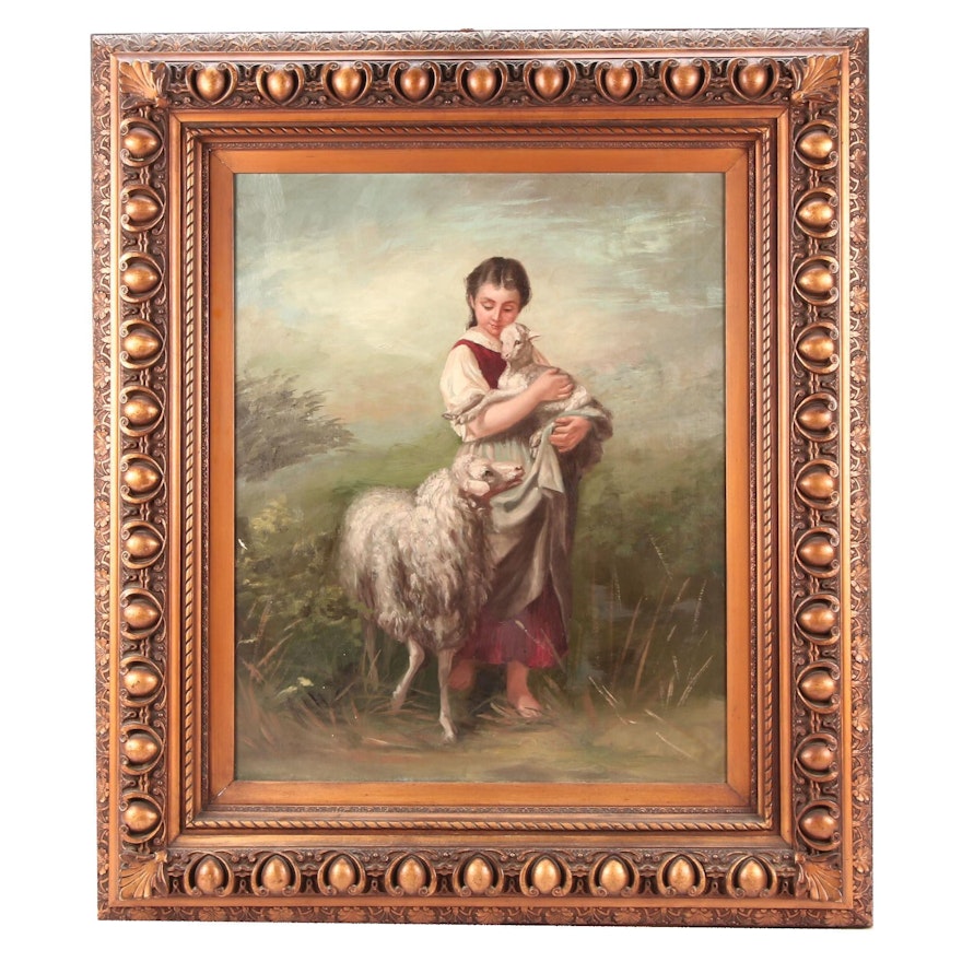 Copy Oil Painting After Adolf Eberle "Girl with Sheep"