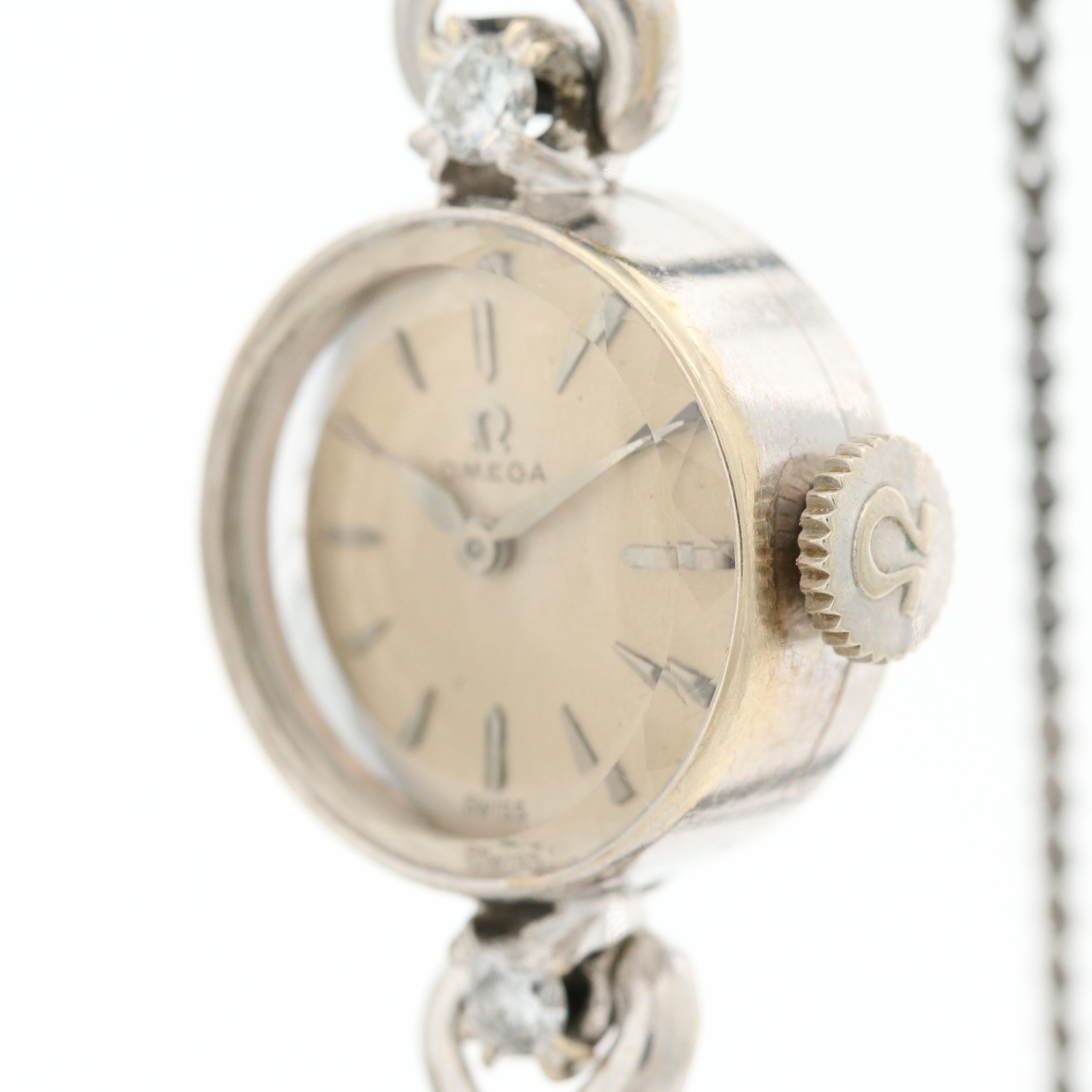 Omega 14K White Gold and Diamond Stem Wind Watch