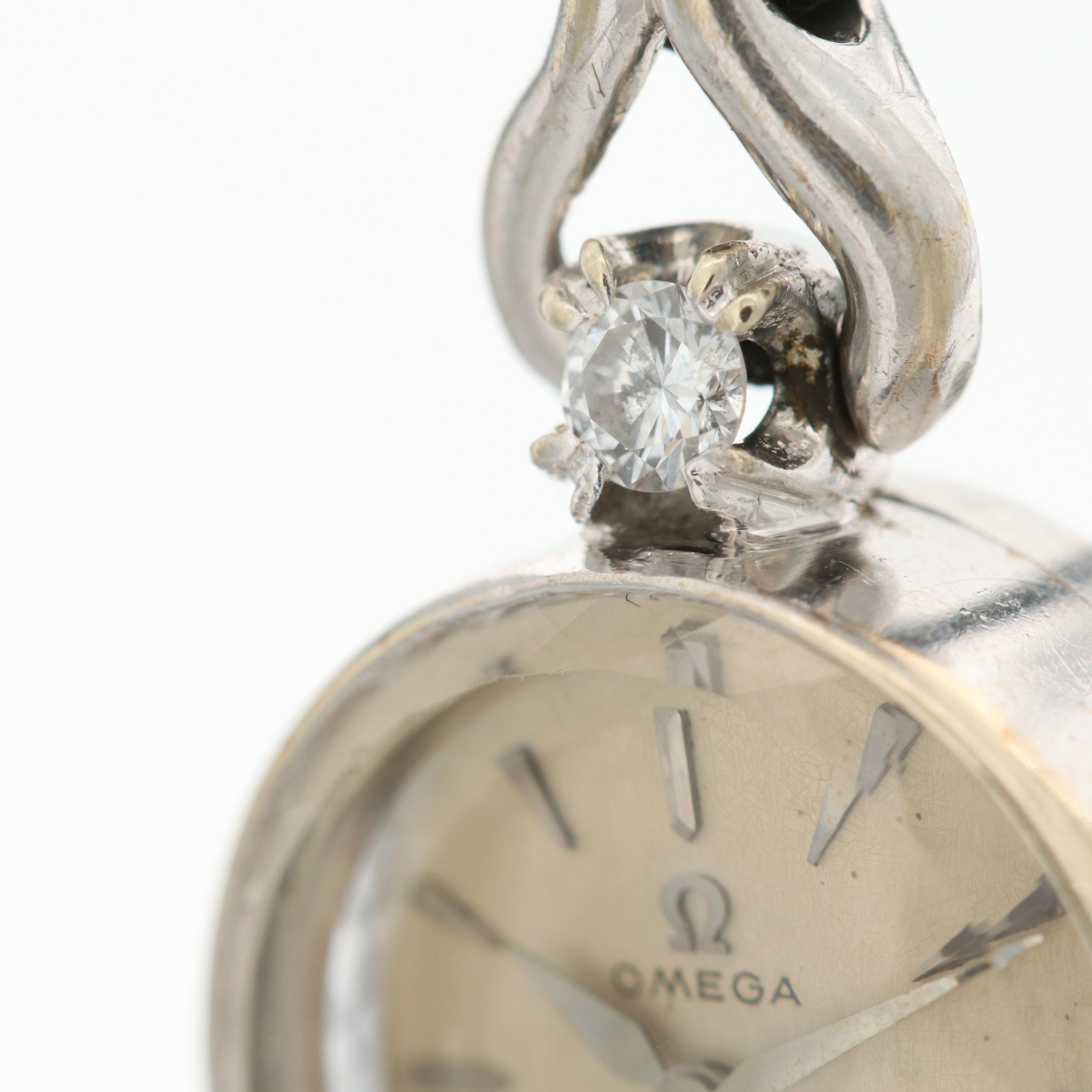 Omega 14K White Gold and Diamond Stem Wind Watch