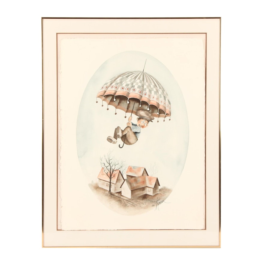 Anni Moller Whimsical Watercolor Painting of Boy with Umbrella