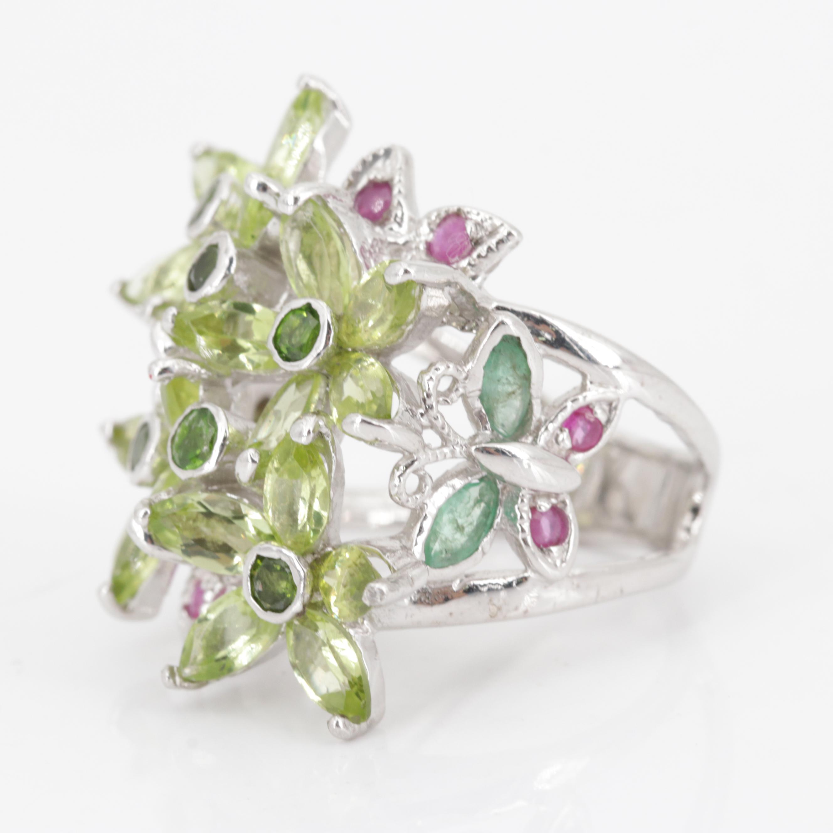 Sterling Silver 5.36 CTW Peridot, Ruby and Emerald Flower Ring