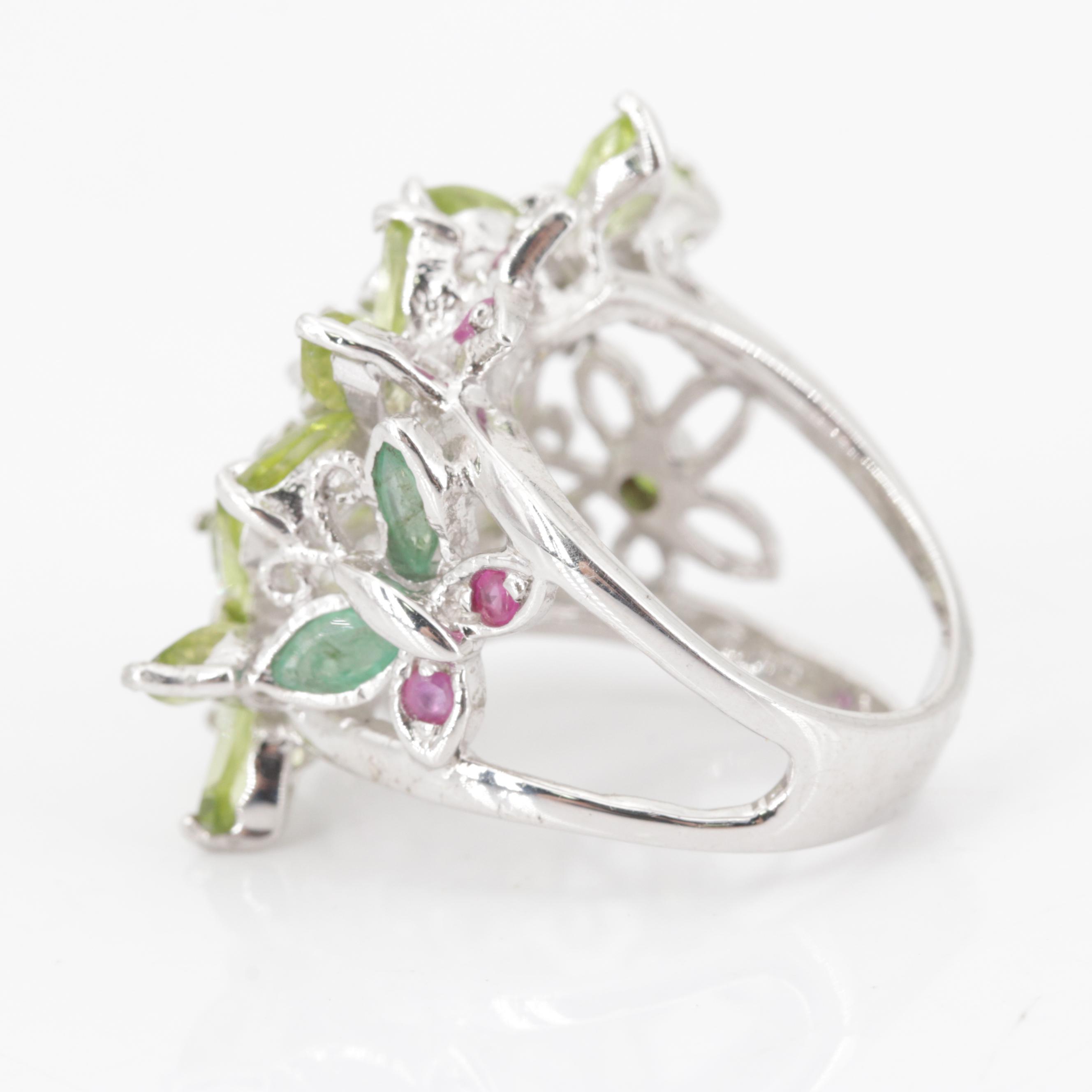 Sterling Silver 5.36 CTW Peridot, Ruby and Emerald Flower Ring