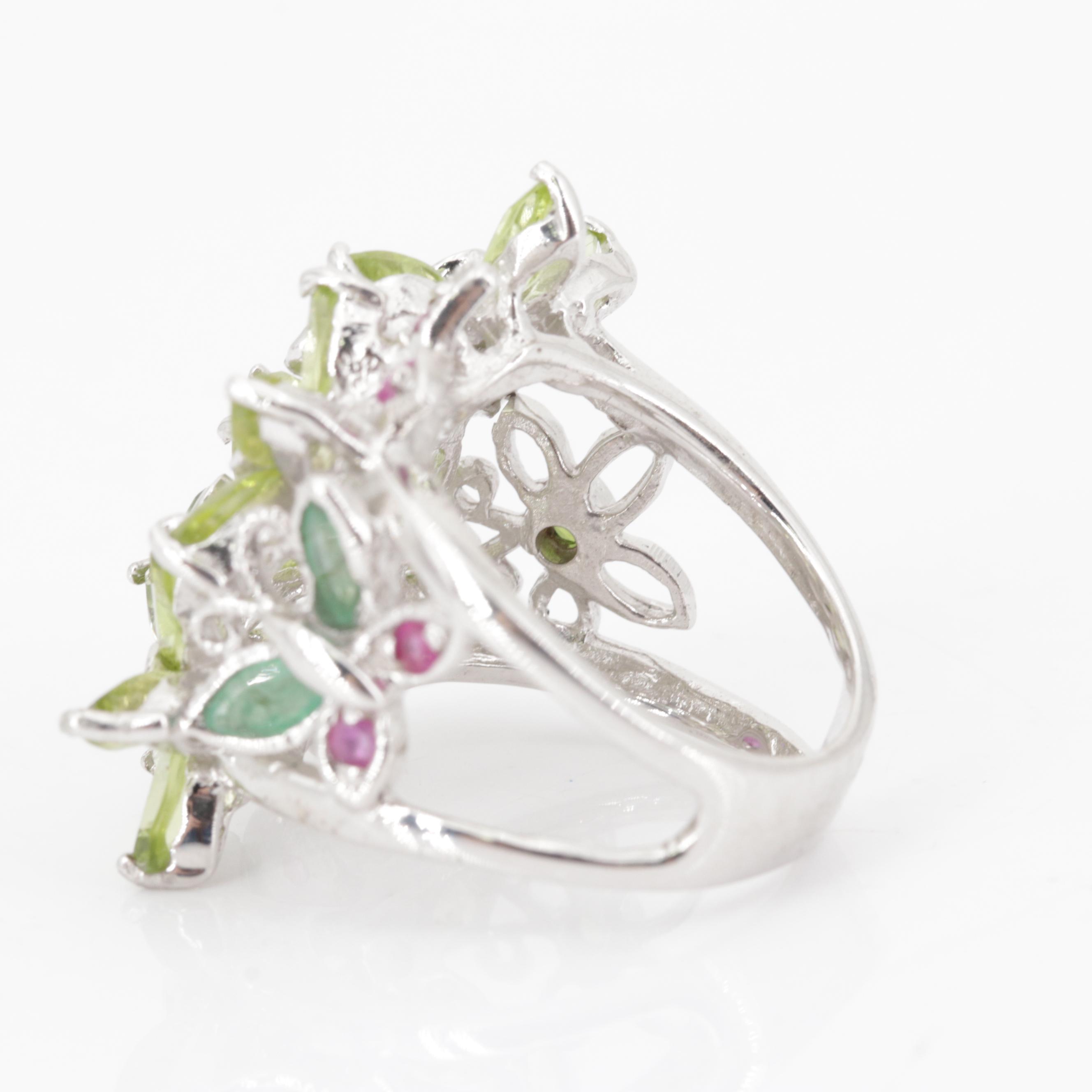 Sterling Silver 5.36 CTW Peridot, Ruby and Emerald Flower Ring