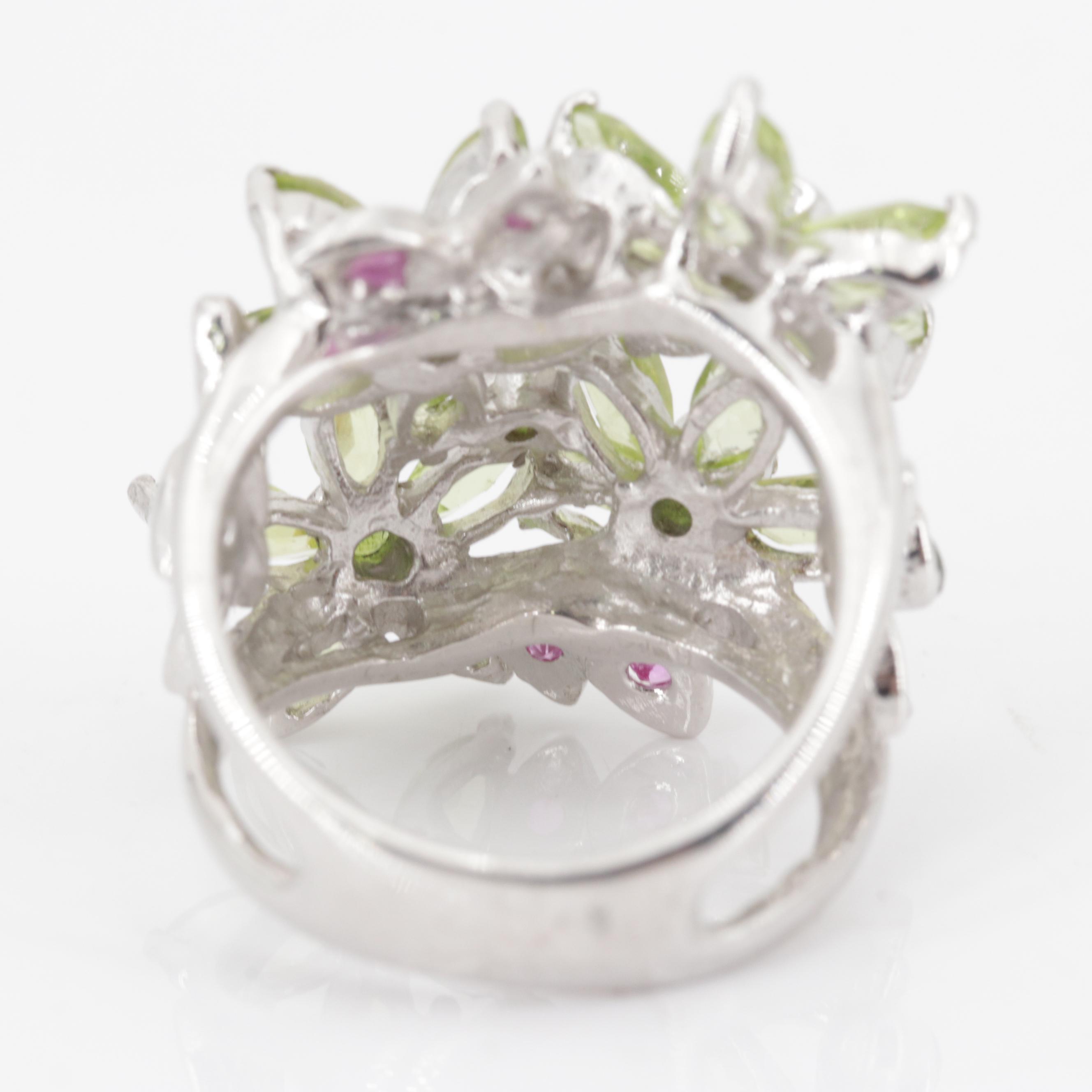 Sterling Silver 5.36 CTW Peridot, Ruby and Emerald Flower Ring