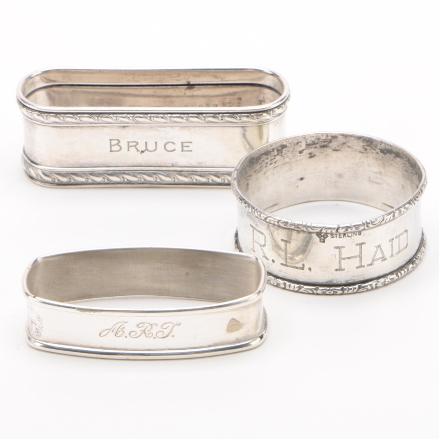 Sterling Silver Napkin Rings by Gorham, Lunt Silversmiths, and Webster Silver