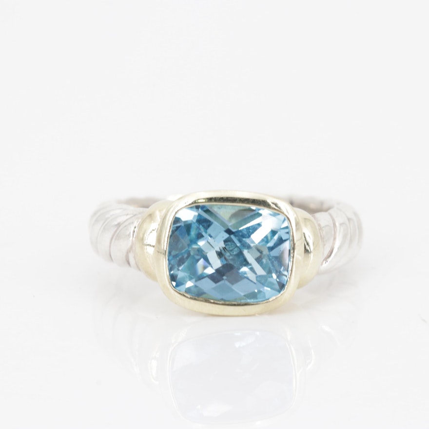 David Yurman Sterling 3.45 CT Blue Topaz Ring with 14K Yellow Gold Accents