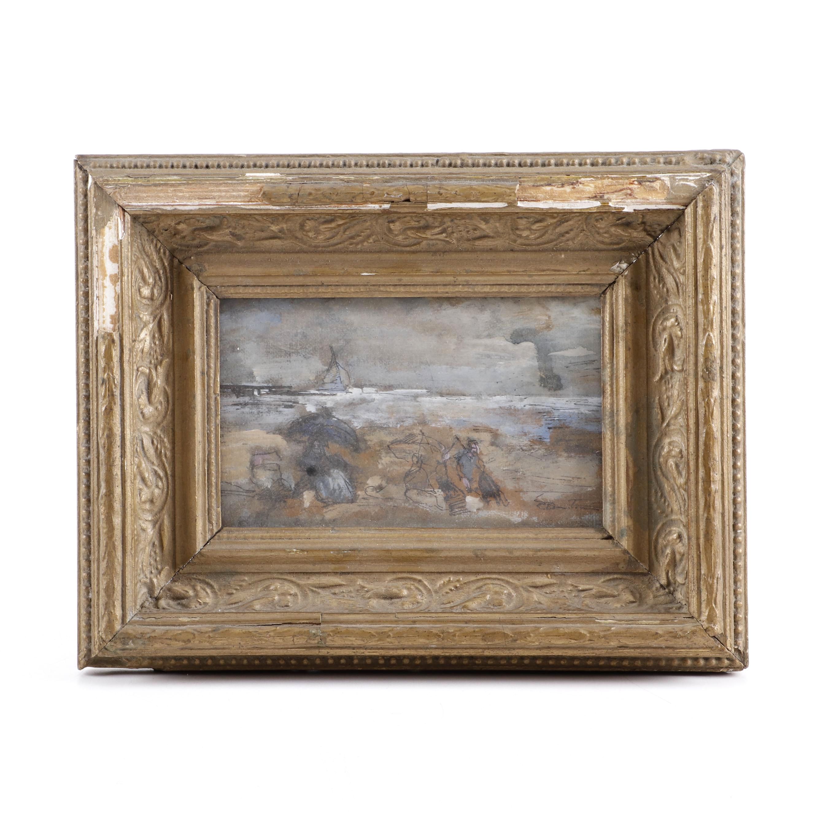 Early 20th Century Beach Scene Oil Painting