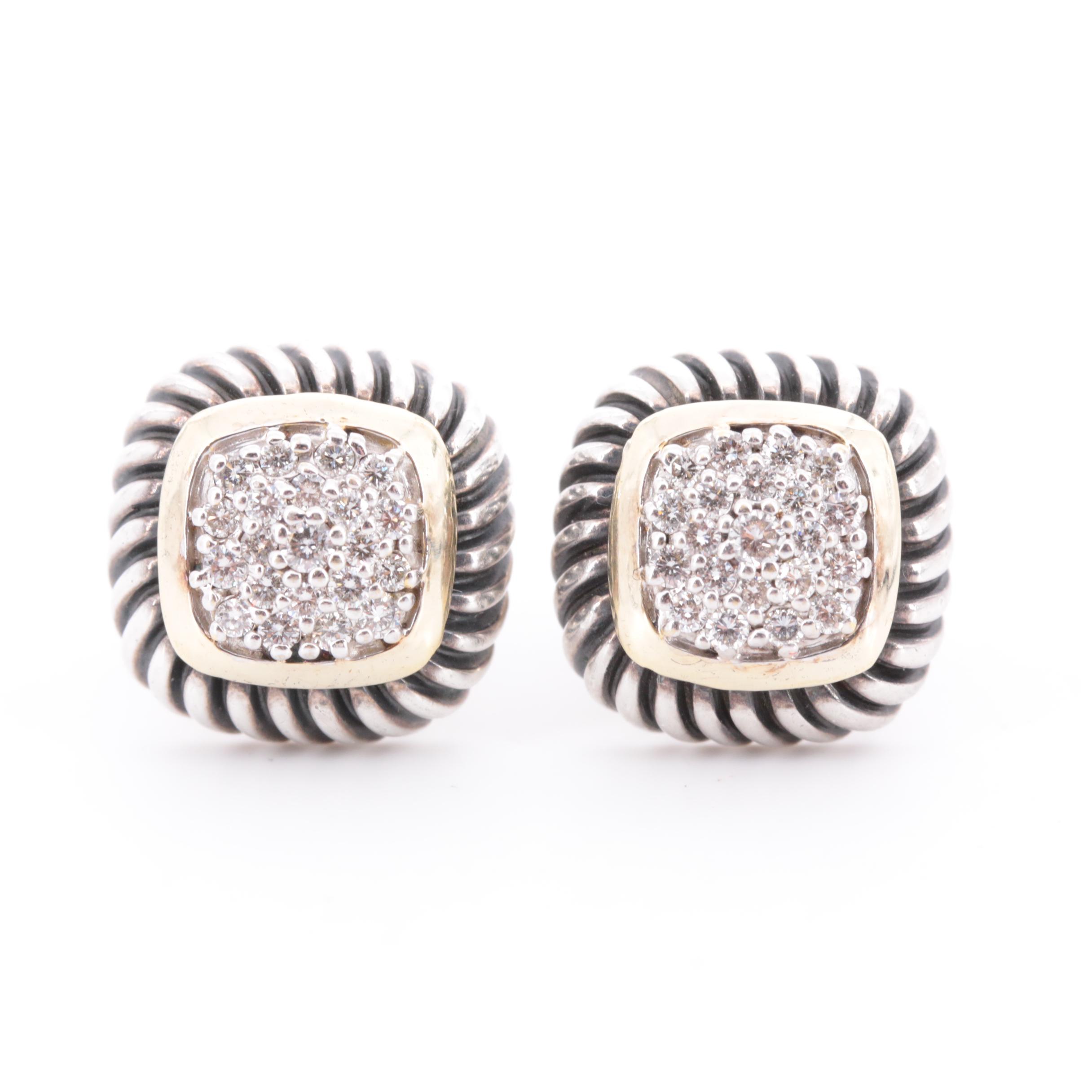 David Yurman Sterling Silver Diamond Pavé Earrings with 18K Yellow Gold Accent