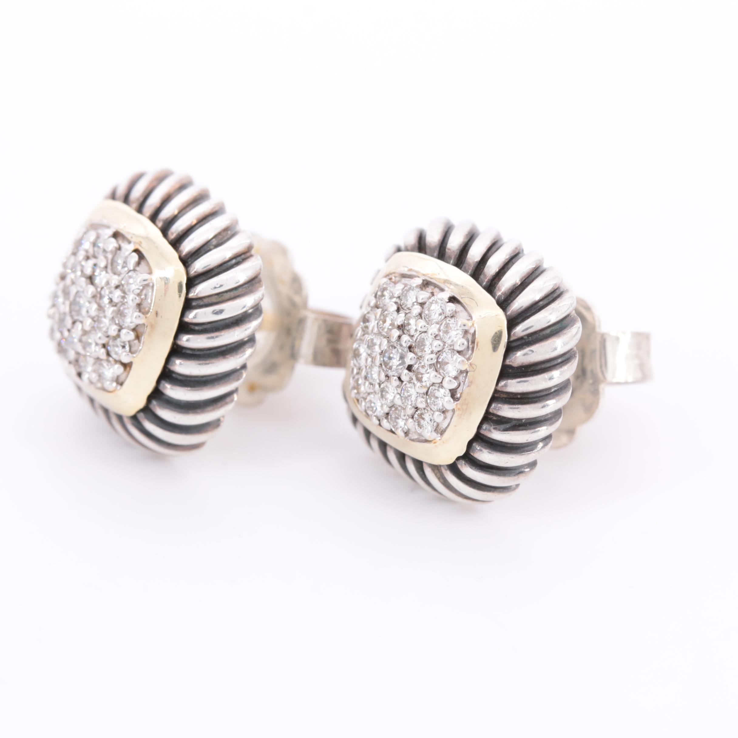 David Yurman Sterling Silver Diamond Pavé Earrings with 18K Yellow Gold Accent