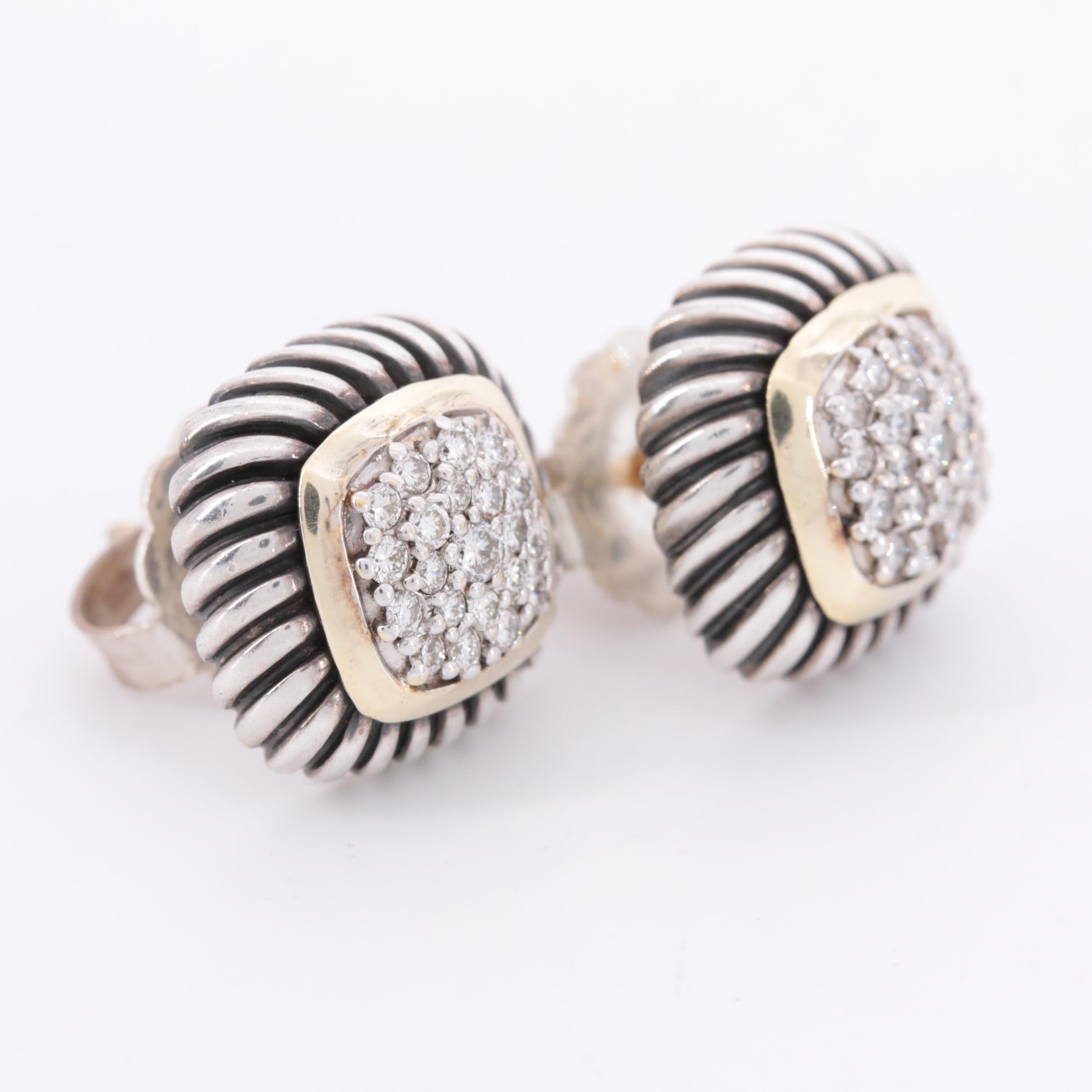 David Yurman Sterling Silver Diamond Pavé Earrings with 18K Yellow Gold Accent