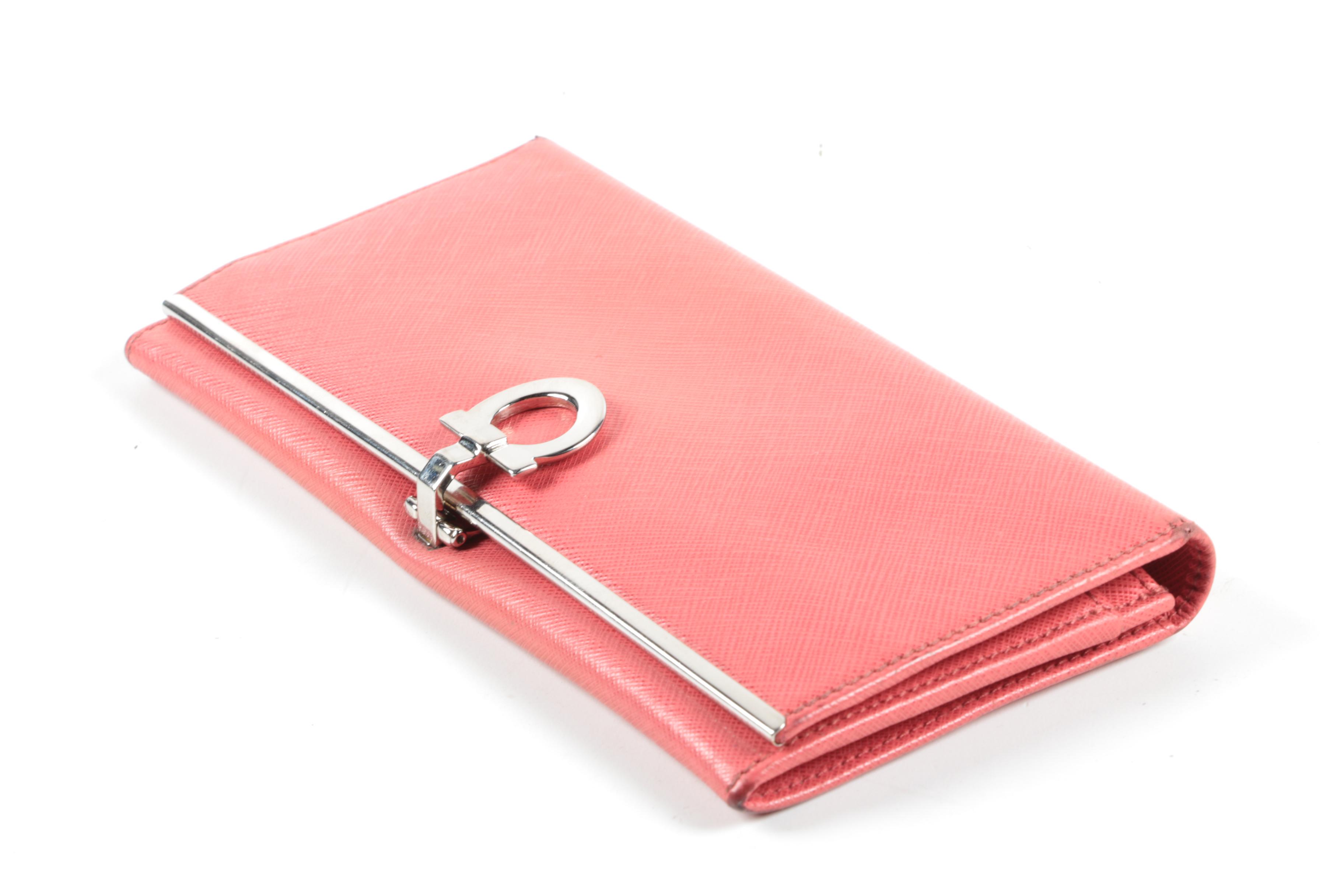 Salvatore Ferragamo Gancini Icona Continental Wallet in Coral Saffiano Leather