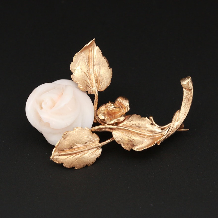 14K Yellow Gold Carved Coral Rose Brooch