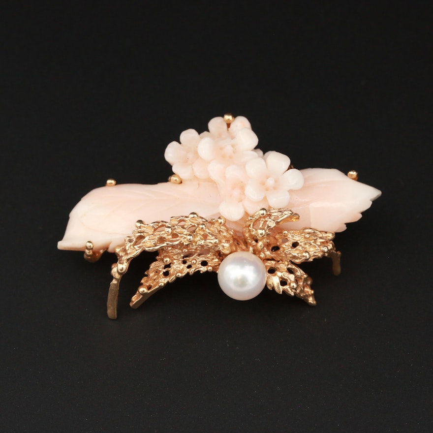 14K Yellow Gold Coral and Cultured Pearl Brooch