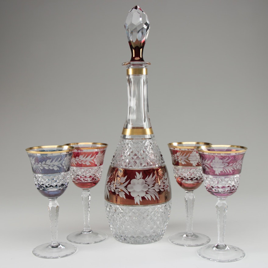 Ebeling and Reuss Cut to Clear Crystal Decanter and Wine Glasses